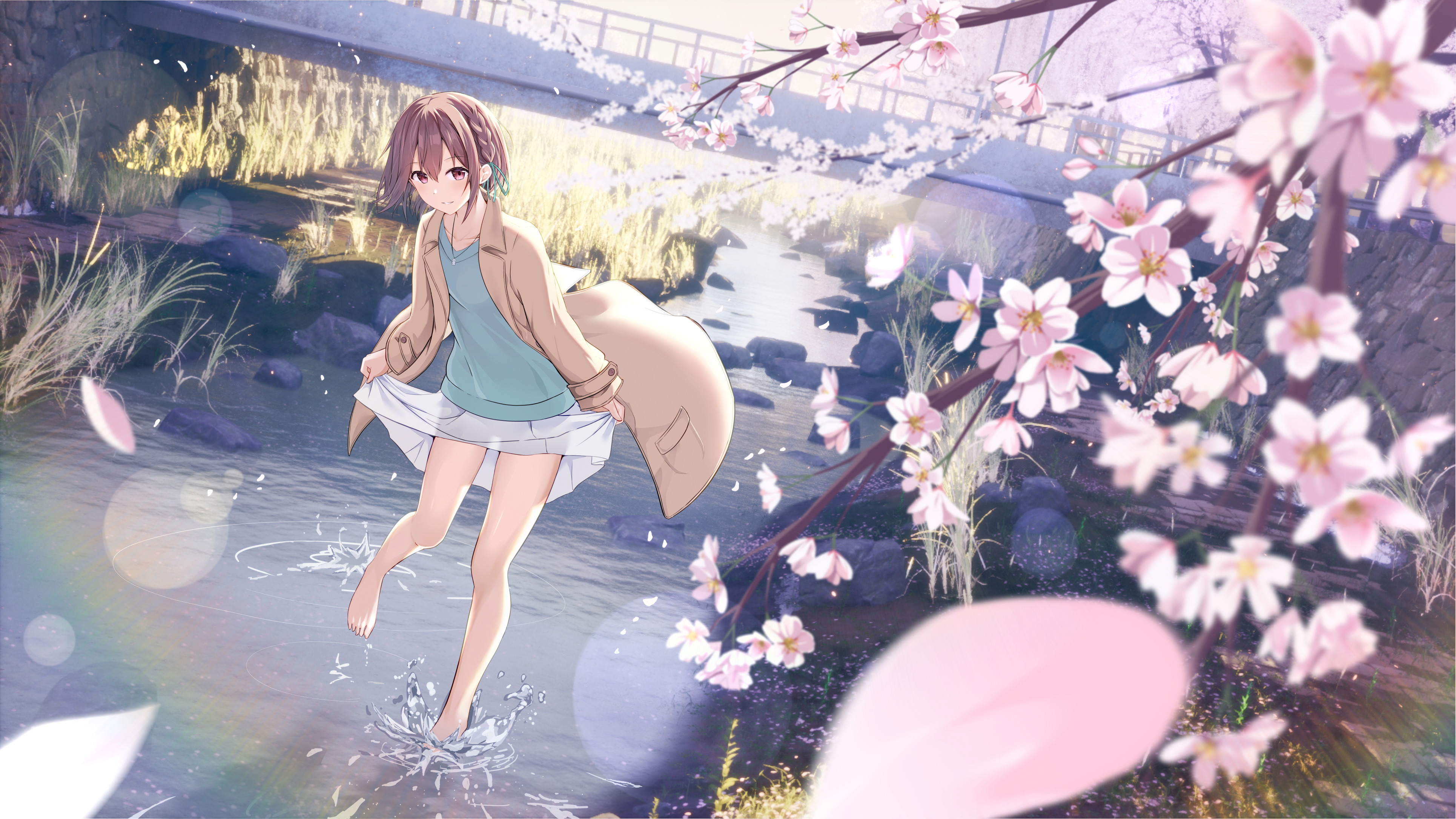 Anime Anime Girls Water Petals Flowers Branch Looking At Viewer Short Hair Smiling Rocks Standing In 3860x2172