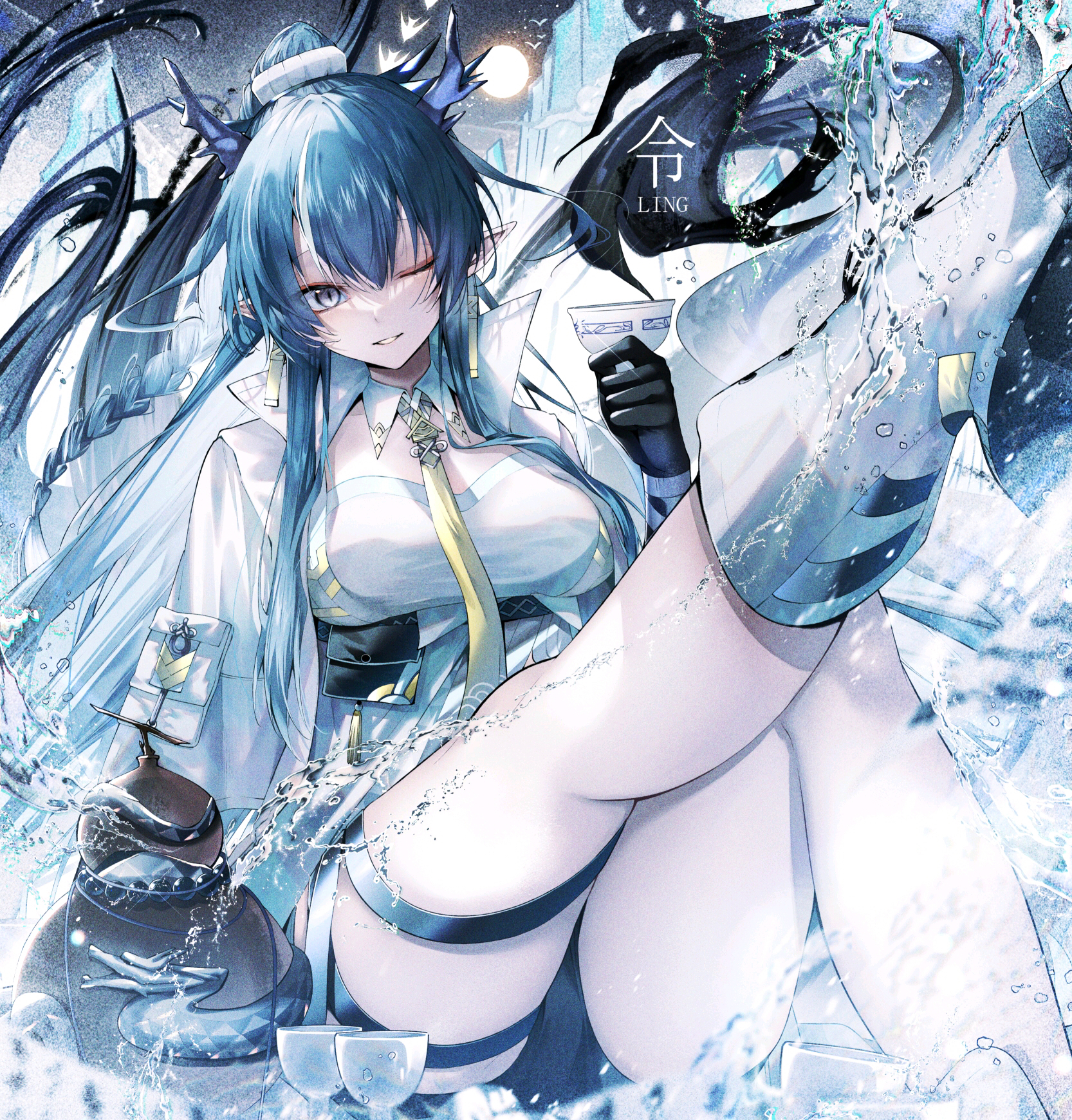Arknights Anime Ling Arknights Anime Girls One Eye Closed Vertical Water Blue Hair Pointy Ears Horns 1666x1740