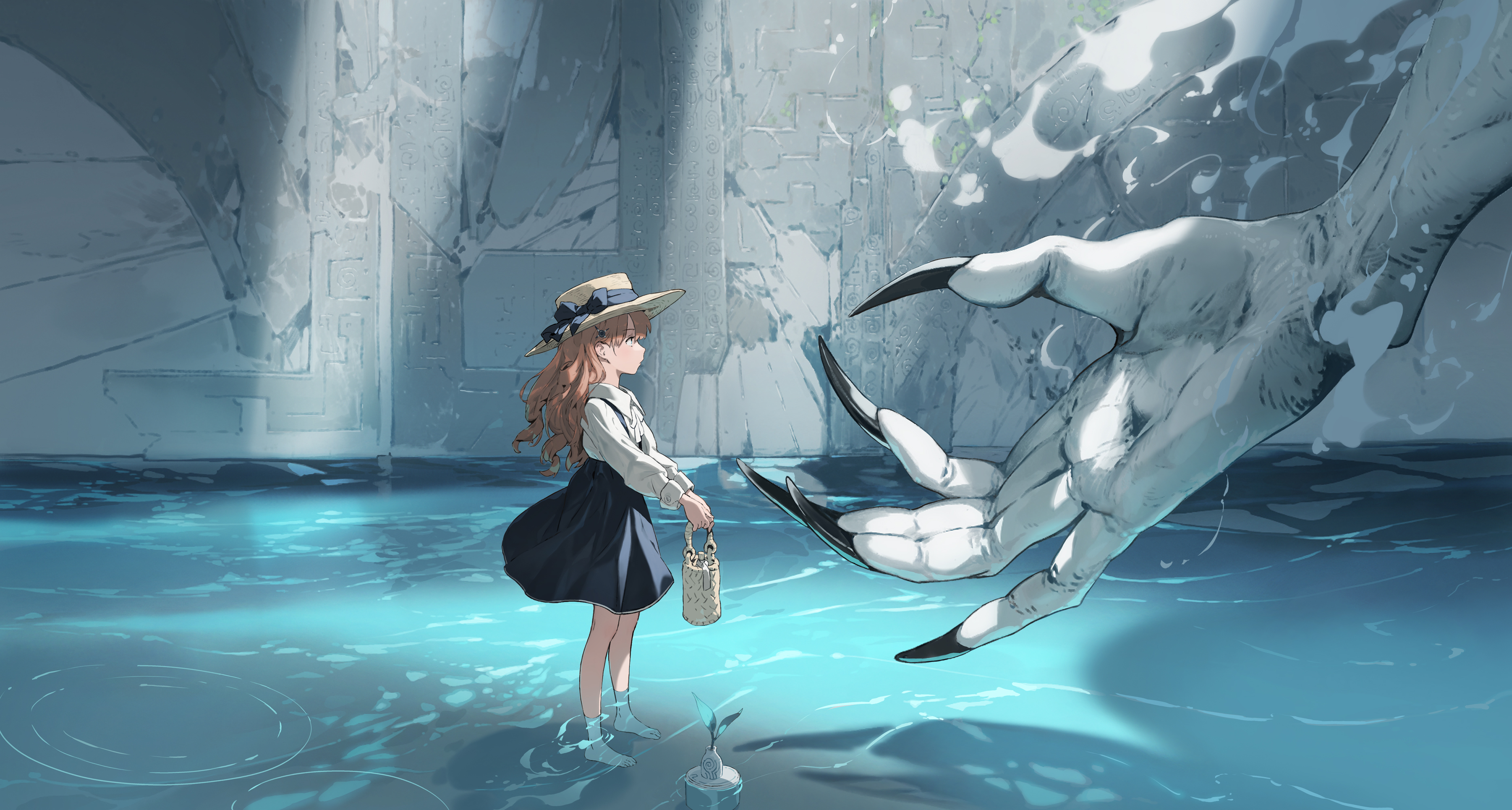 Anime Girls Creature Water Standing In Water Sunlight Long Hair Hat Dress Bow Tie Long Nails Leaves  3735x2000
