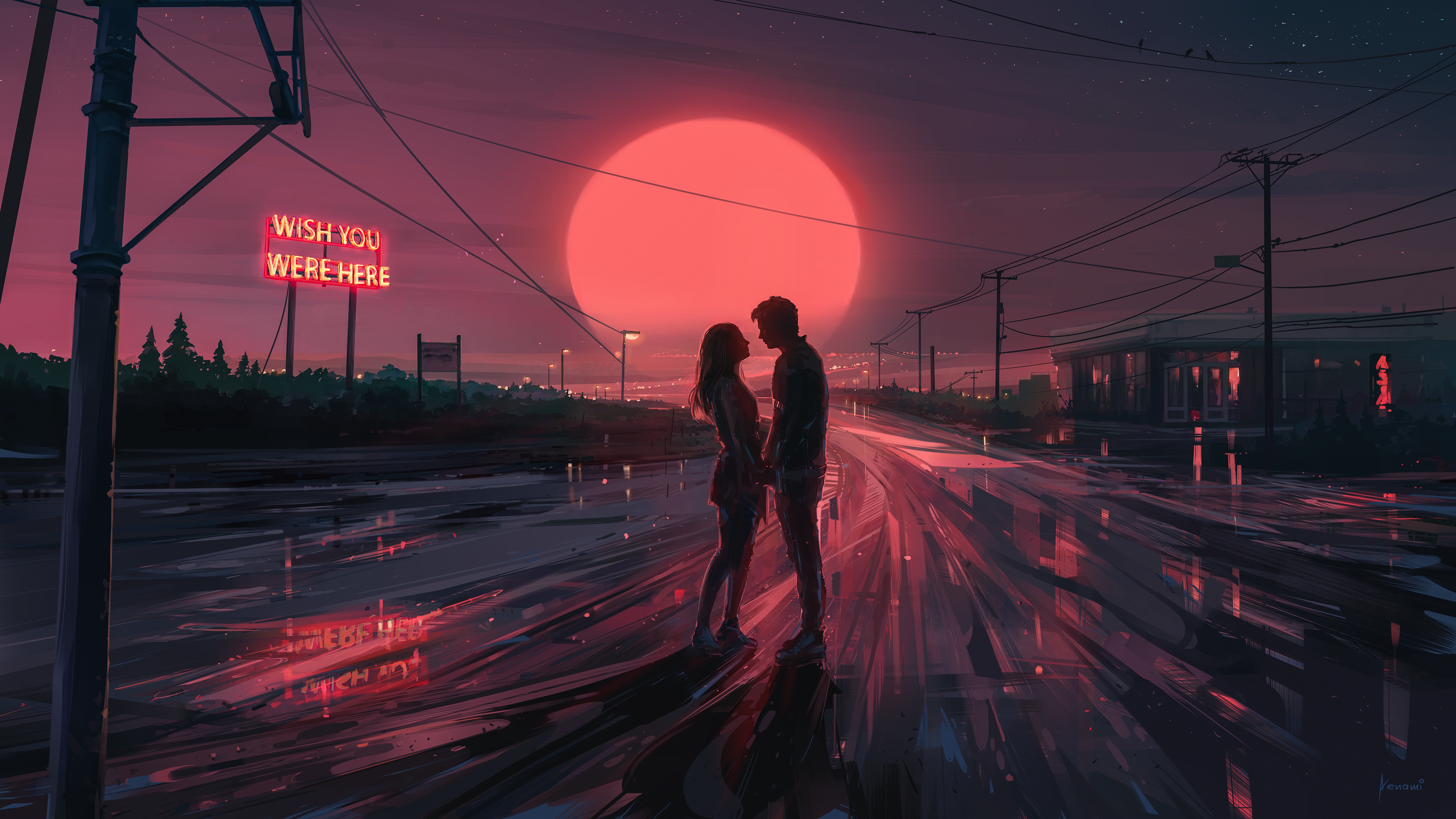 Aenami 4K Digital Art Artwork Illustration Painting Couple Romantic Sun Sunset Neon Sign Reflection  3840x2160