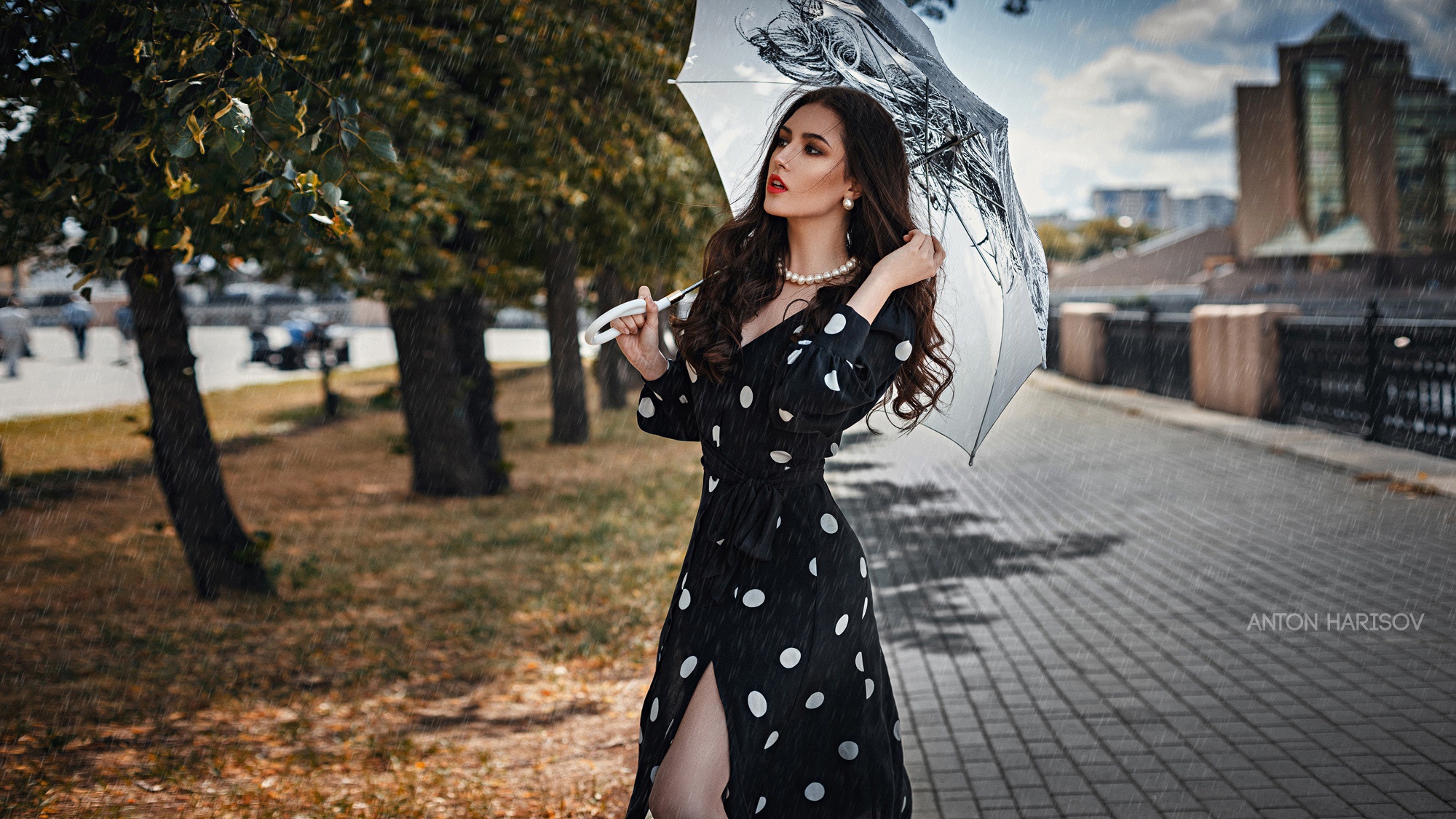 Model Black Dress Red Lipstick Necklace Hands In Hair Umbrella Rain Women Outdoors Anton Harisov 2000x1125