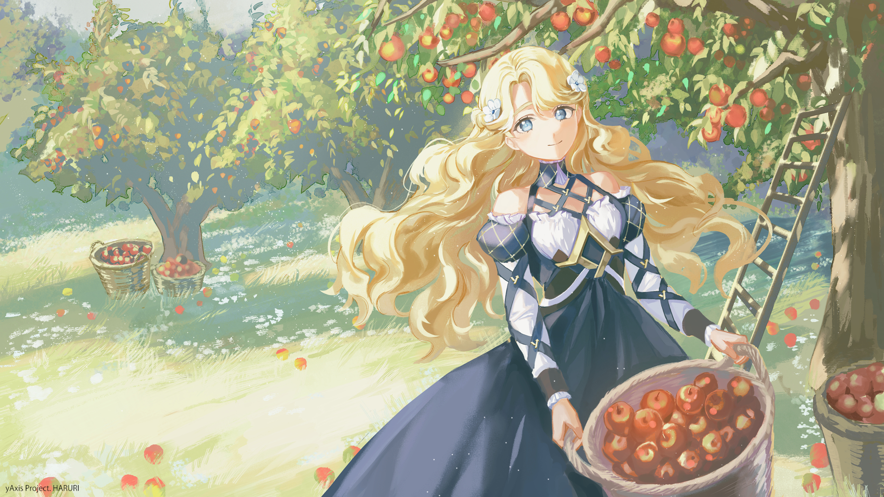 Anime Anime Girls Long Hair Blonde Blue Eyes Trees Fruit Grass Watermarked Looking At Viewer Standin 1778x1000