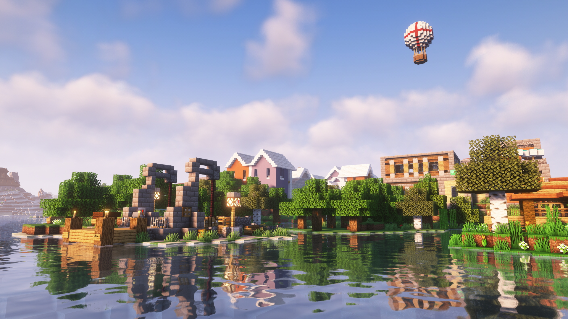 Minecraft Shaders Water Video Games Sky Clouds Cube Village Trees Hot Air Balloons CGi 1920x1080