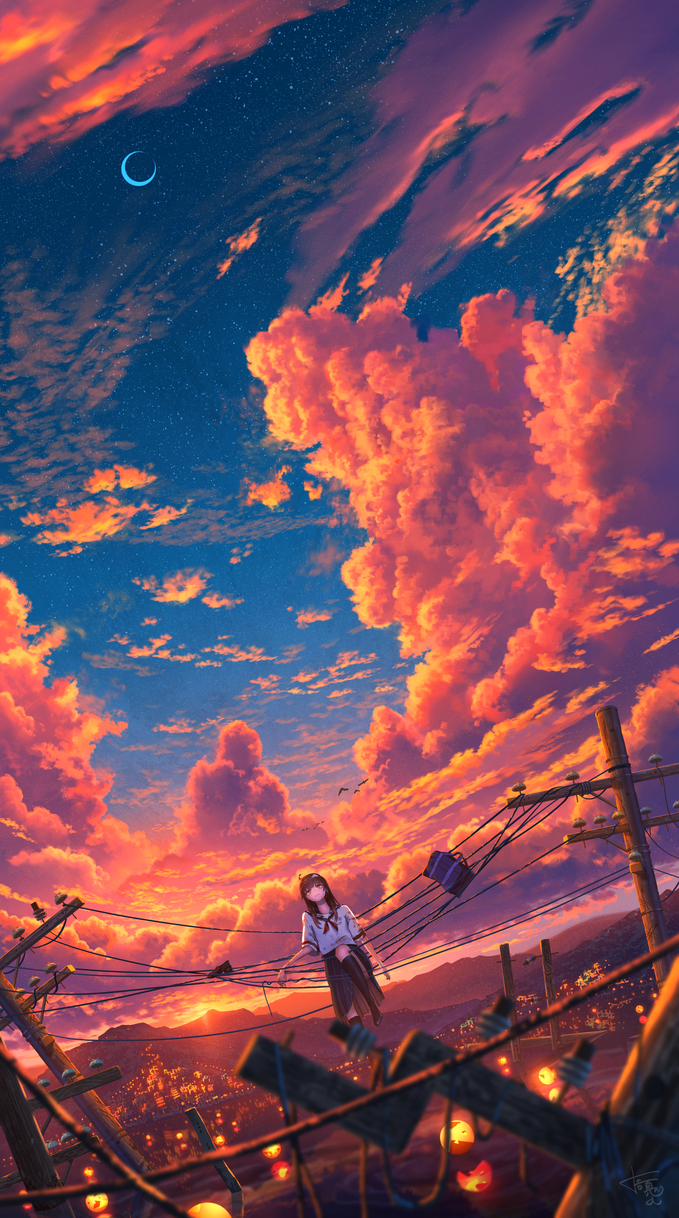 Shuu Illust Sunset Sunset Glow Clouds Anime Girls Schoolgirl School Uniform Brunette Yellow Eyes Cit 2231x4000