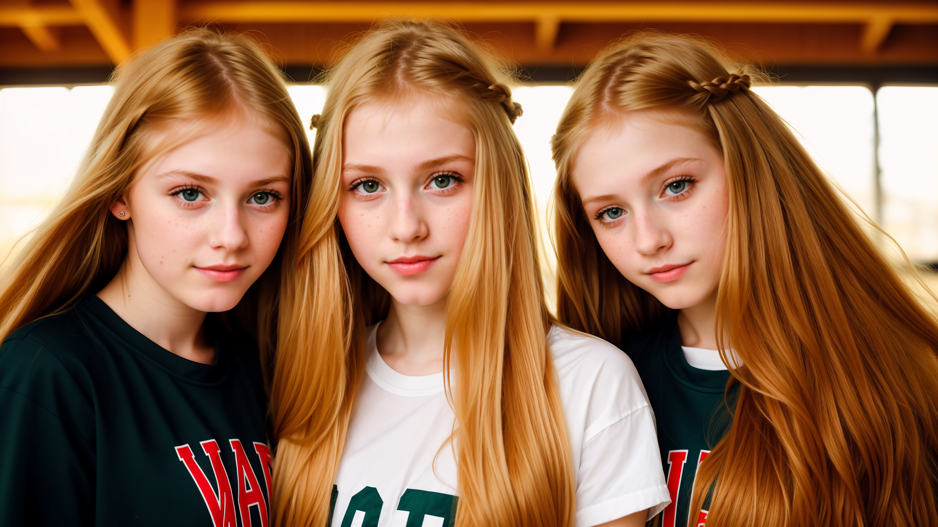 Ai Art Stable Diffusion Women Group Of Women Blonde Freckles Redhead Teen T Shirt Looking At Viewer  3072x1728