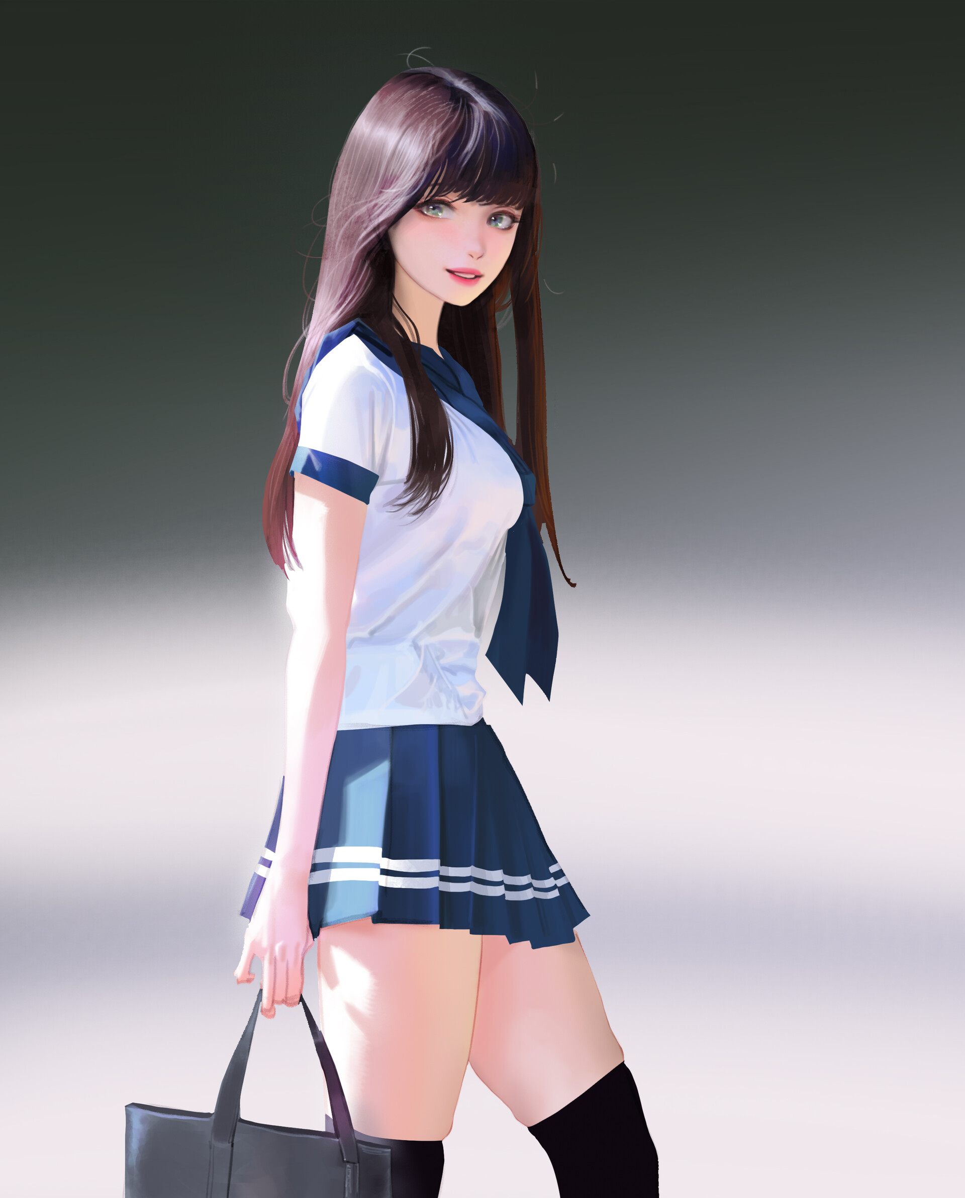 WB Lee Digital Art Artwork Illustration Women Portrait Display School Uniform Dark Hair Skirt Simple 1920x2384