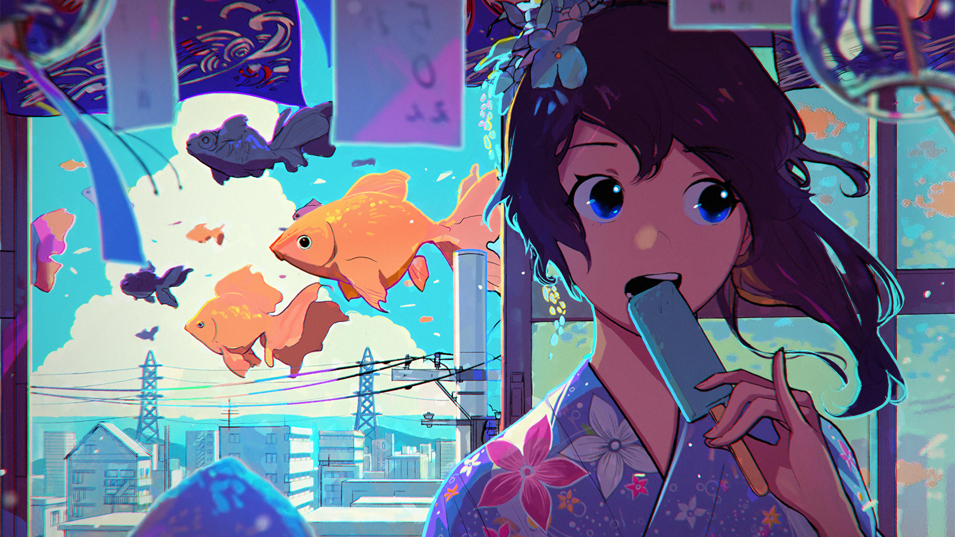Anime Anime Girls Fish Long Hair Popsicle Looking Away Kimono Animals Flower In Hair Blue Eyes Cloud 1920x1080