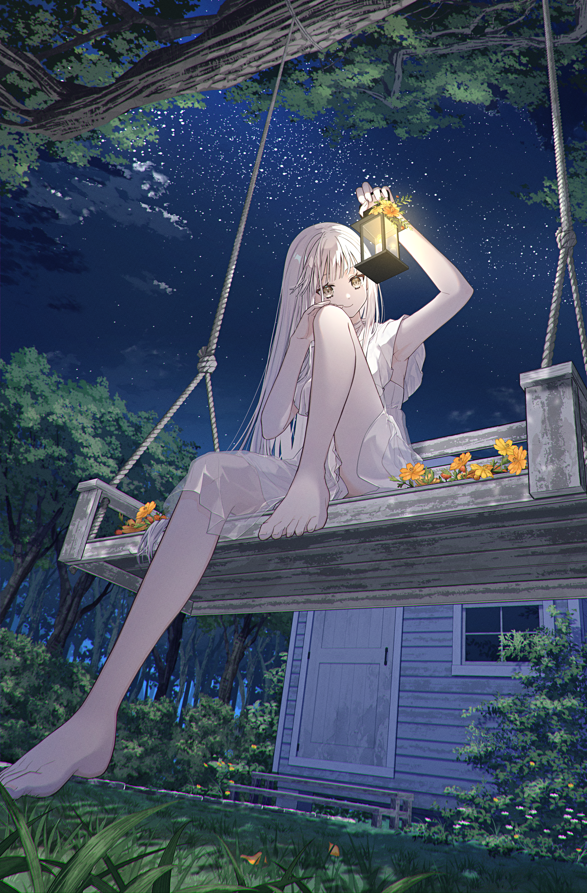 Tngn96 Anime Girls Sky Original Characters Worms Eye View Grass Low Angle Vertical Trees Starry Nigh 1875x2853