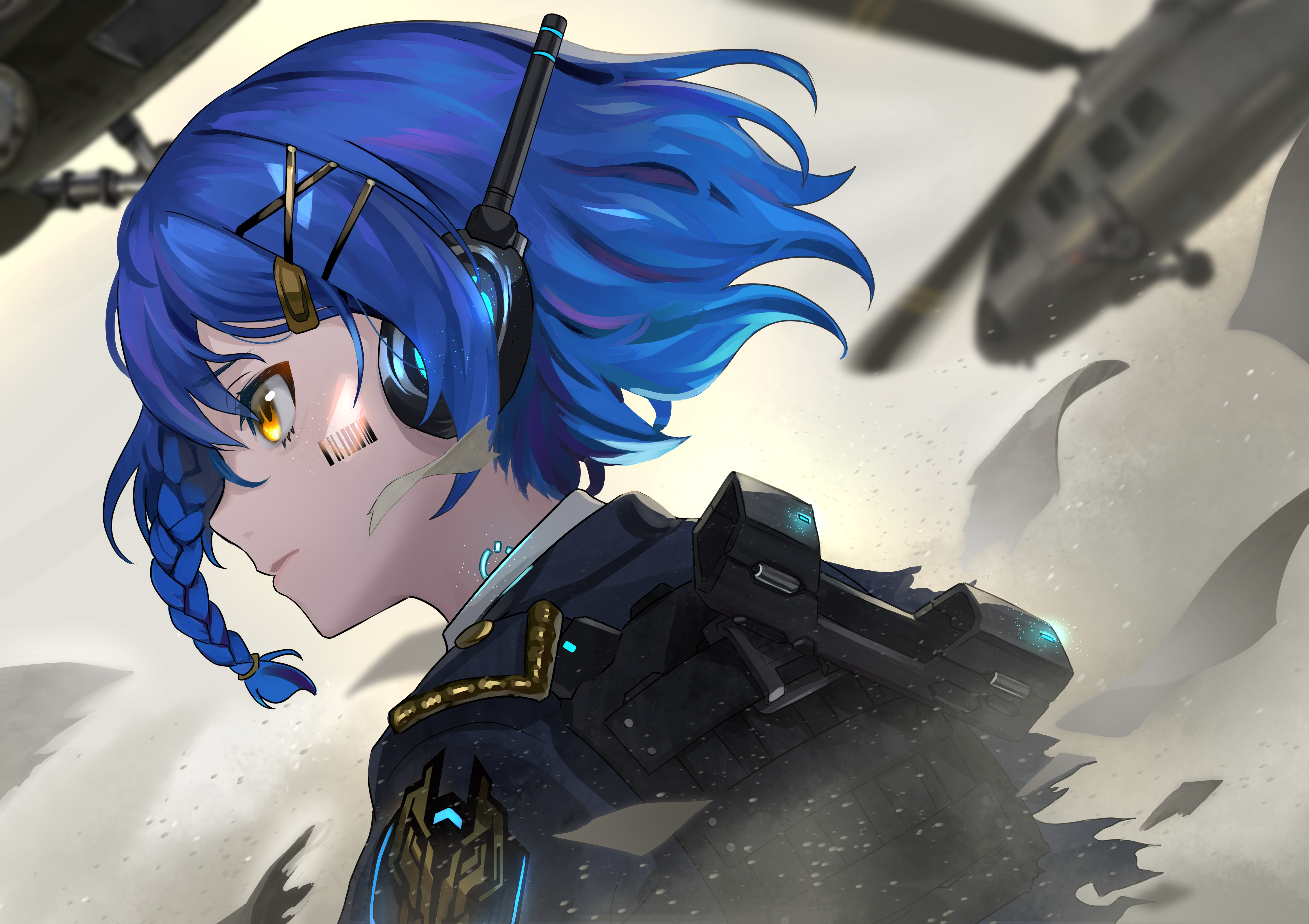 Blue Hair Yellow Eyes Anime Girls Braids Barcode Helicopters 5016x3541