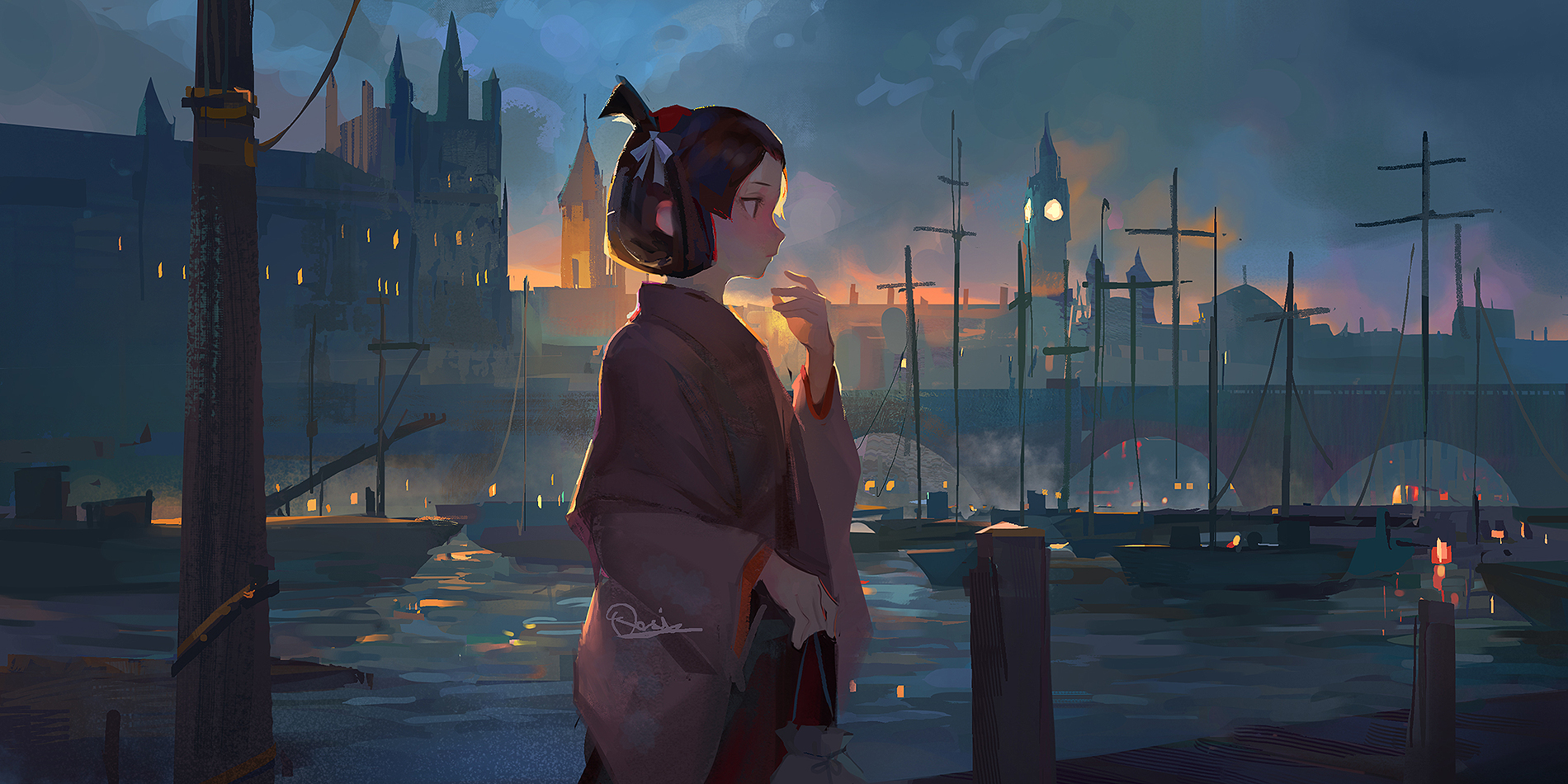 Ace Attorney Susato Mikotoba Dock Sunset Anime Girls The Great Ace Attorney Boat Water Kimono 1900x950