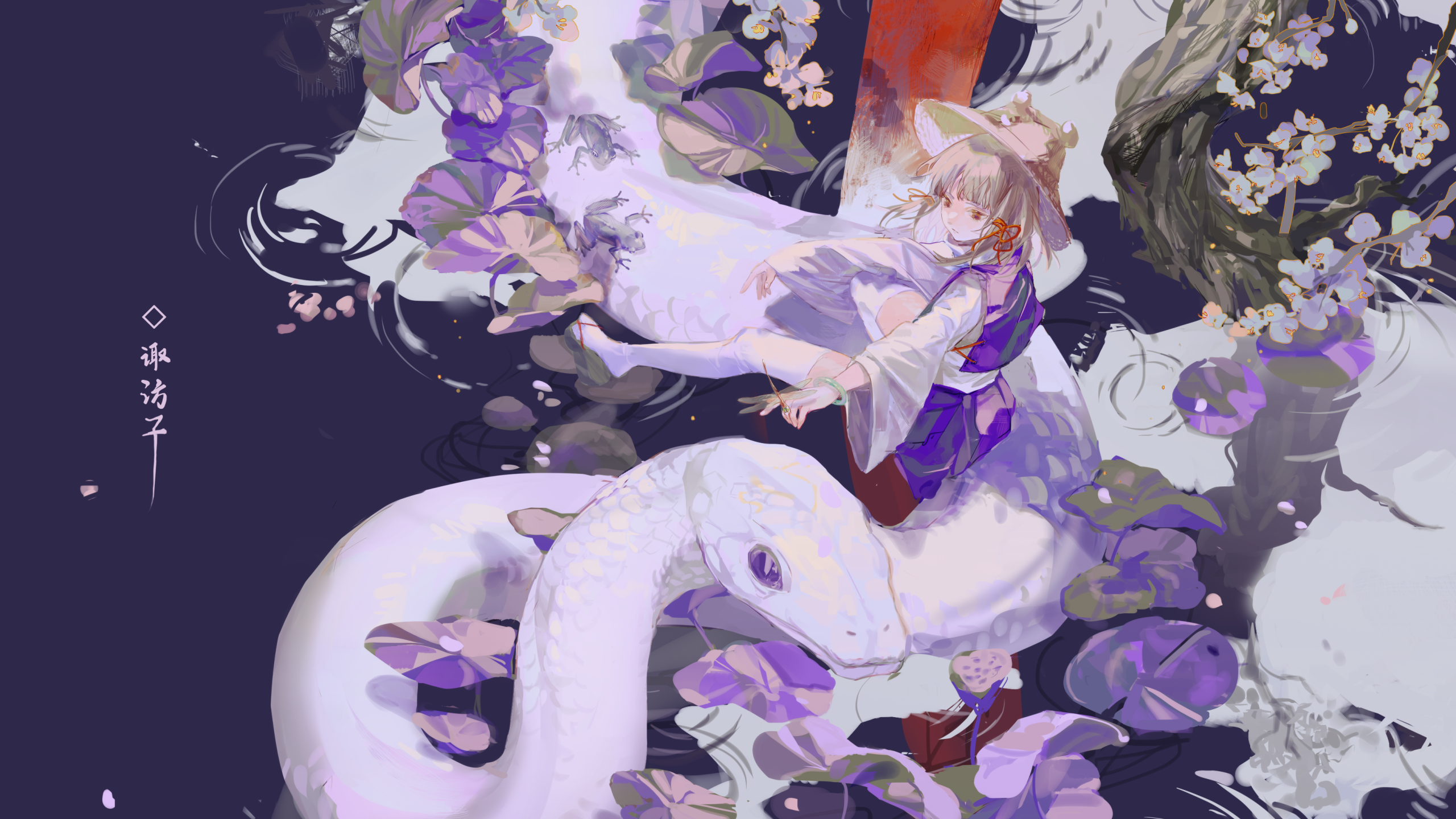 Anime Anime Girls Artwork Snake Flowers Simple Background Touhou Moriya Suwako Petals Animals Minima 2560x1440
