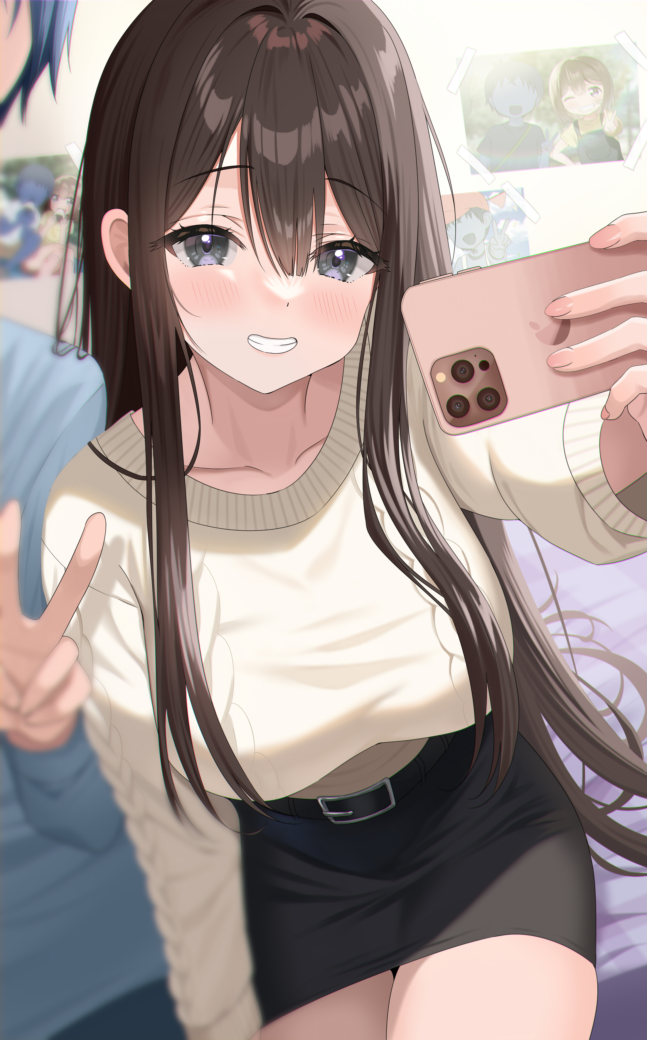 Anime Anime Girls Vertical Phone Peace Sign Selfies Brunette Blue Eyes Smiling Anime Boys 2204x3541