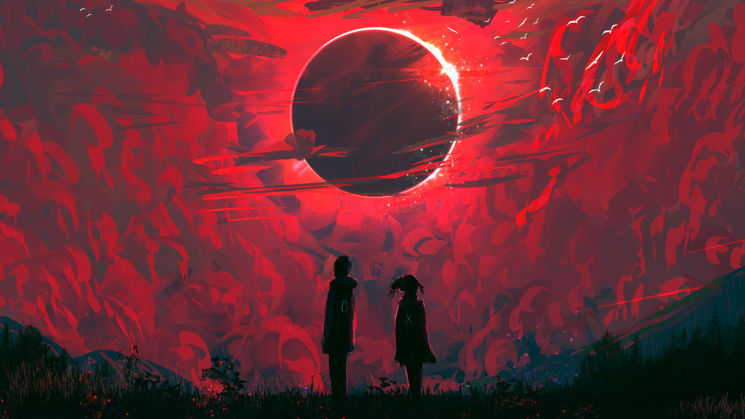 Nafay Digital Illustration Digital Art Artwork Abstract Nature Planet Clouds Couple Red Eclipse 2560x1440