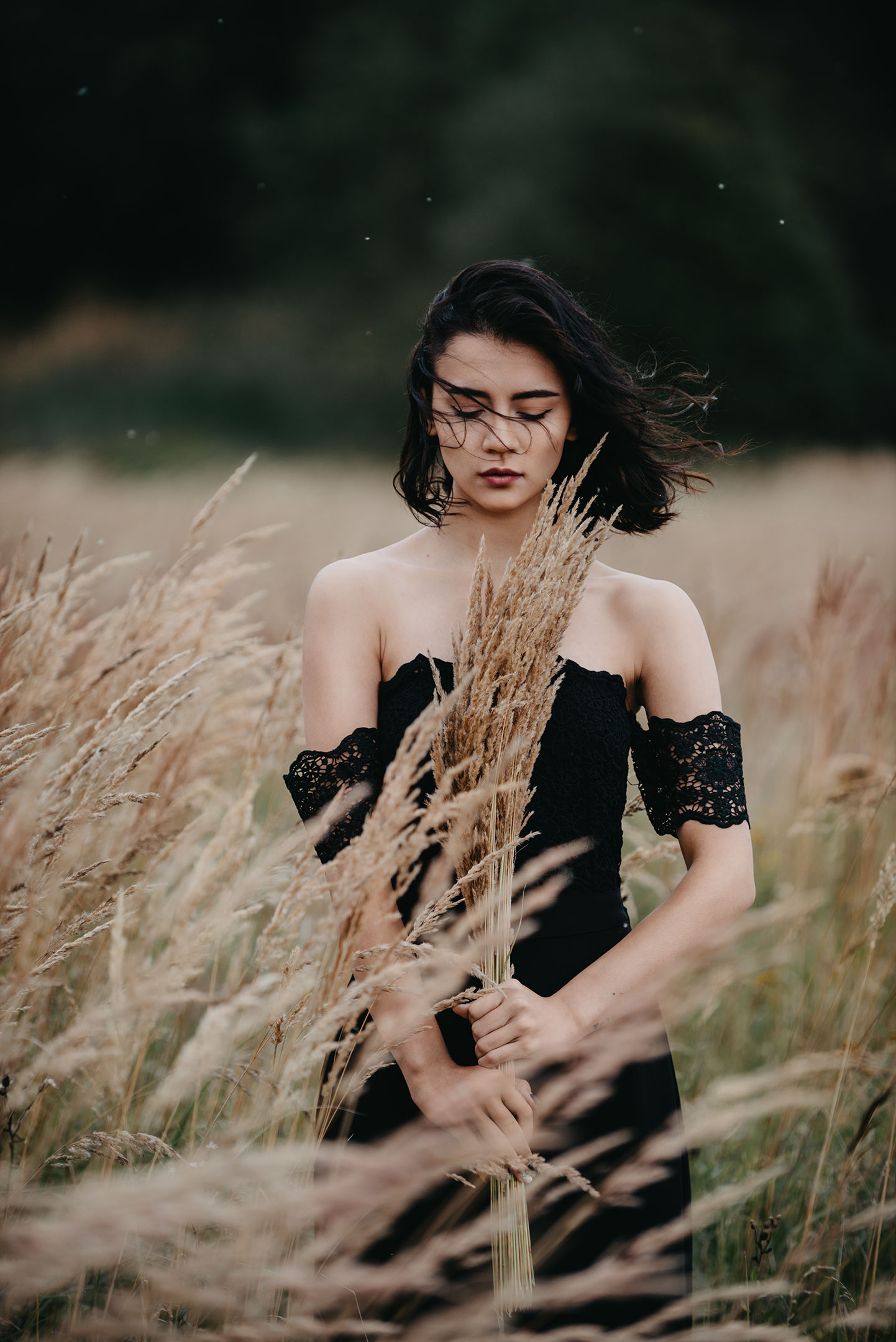 Oleg Raevskiy Women Dark Hair Wind Bare Shoulders Field Plants Black Dress 1442x2160