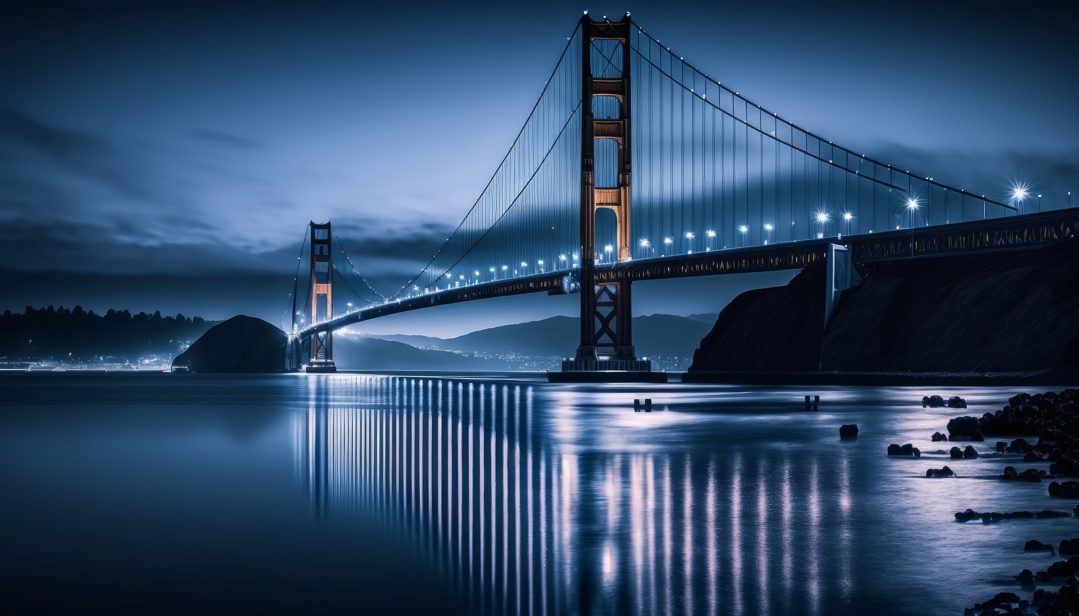 Ai Art Blue Hour Golden Gate Bridge Water Reflection Bridge Lights Sky 4579x2616