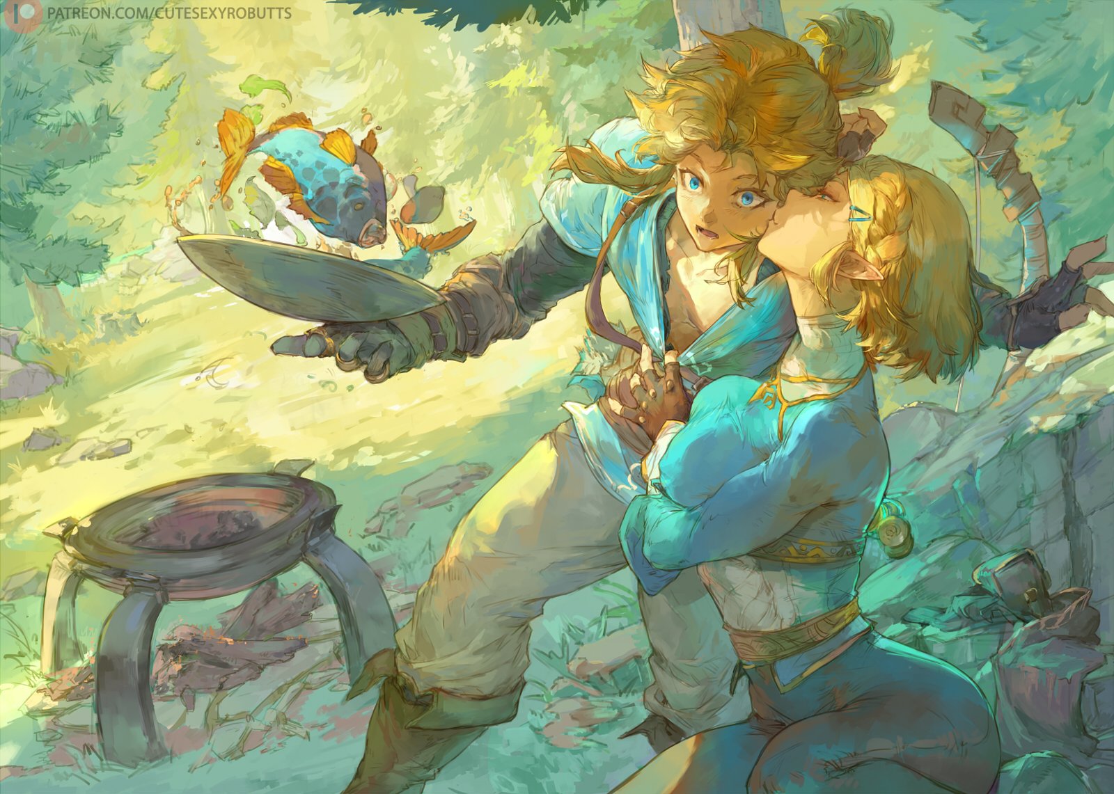 The Legend Of Zelda Breath Of The Wild Zelda Link Cooking Video Game Characters Kissing Video Games  1600x1141