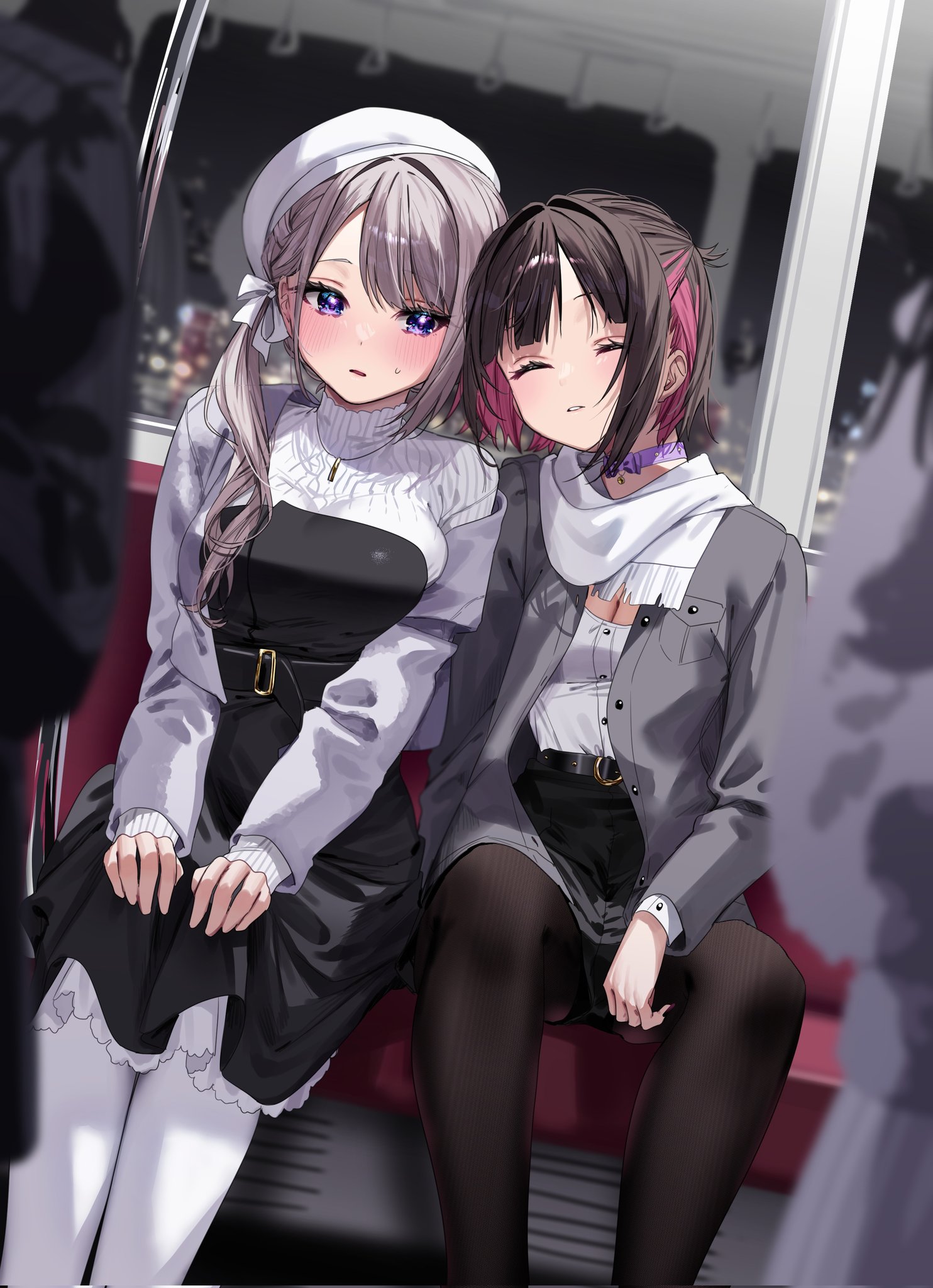 Anime Anime Girls Vertical Sleeping Closed Eyes Train Blushing Necklace Two Tone Hair Two Women 1484x2048