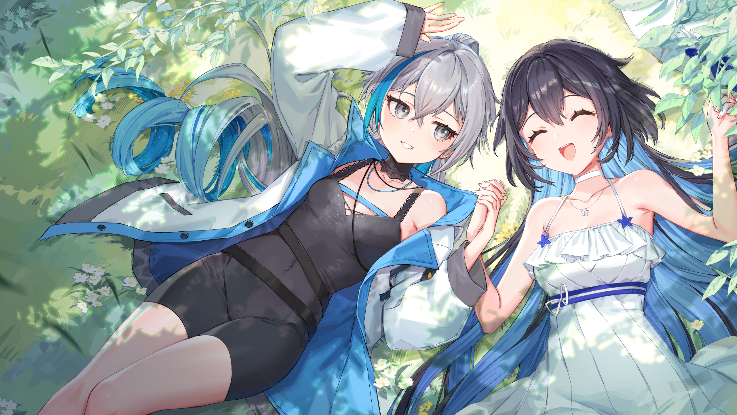 Anime Anime Girls Lying Down Lying On Back Closed Eyes Two Tone Hair Long Hair Choker Dress Holding  2560x1440