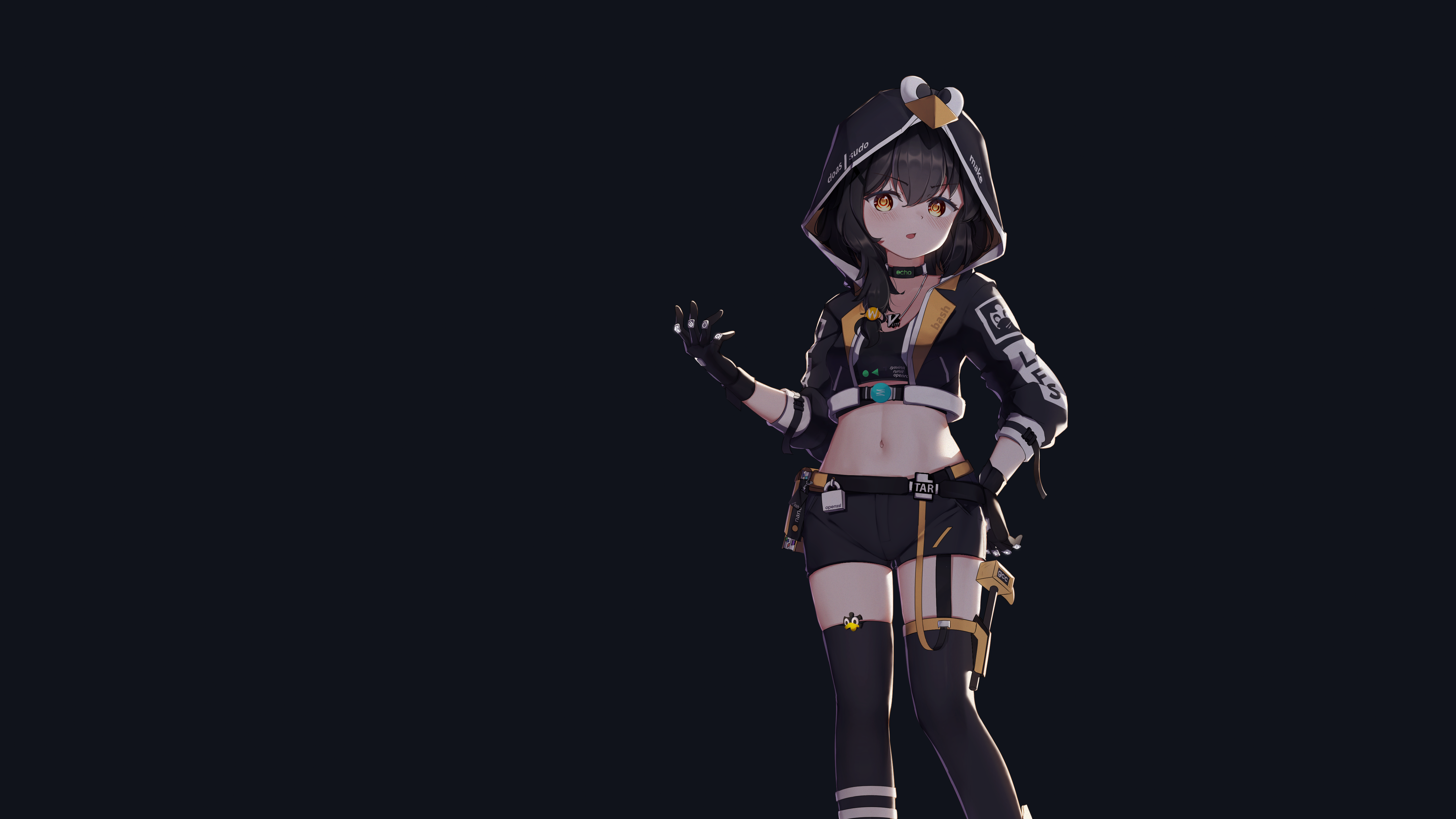 Anime Girls Linux LFS Simple Background Black Background Hoods Minimalism Gloves Standing Choker Bla 5120x2880