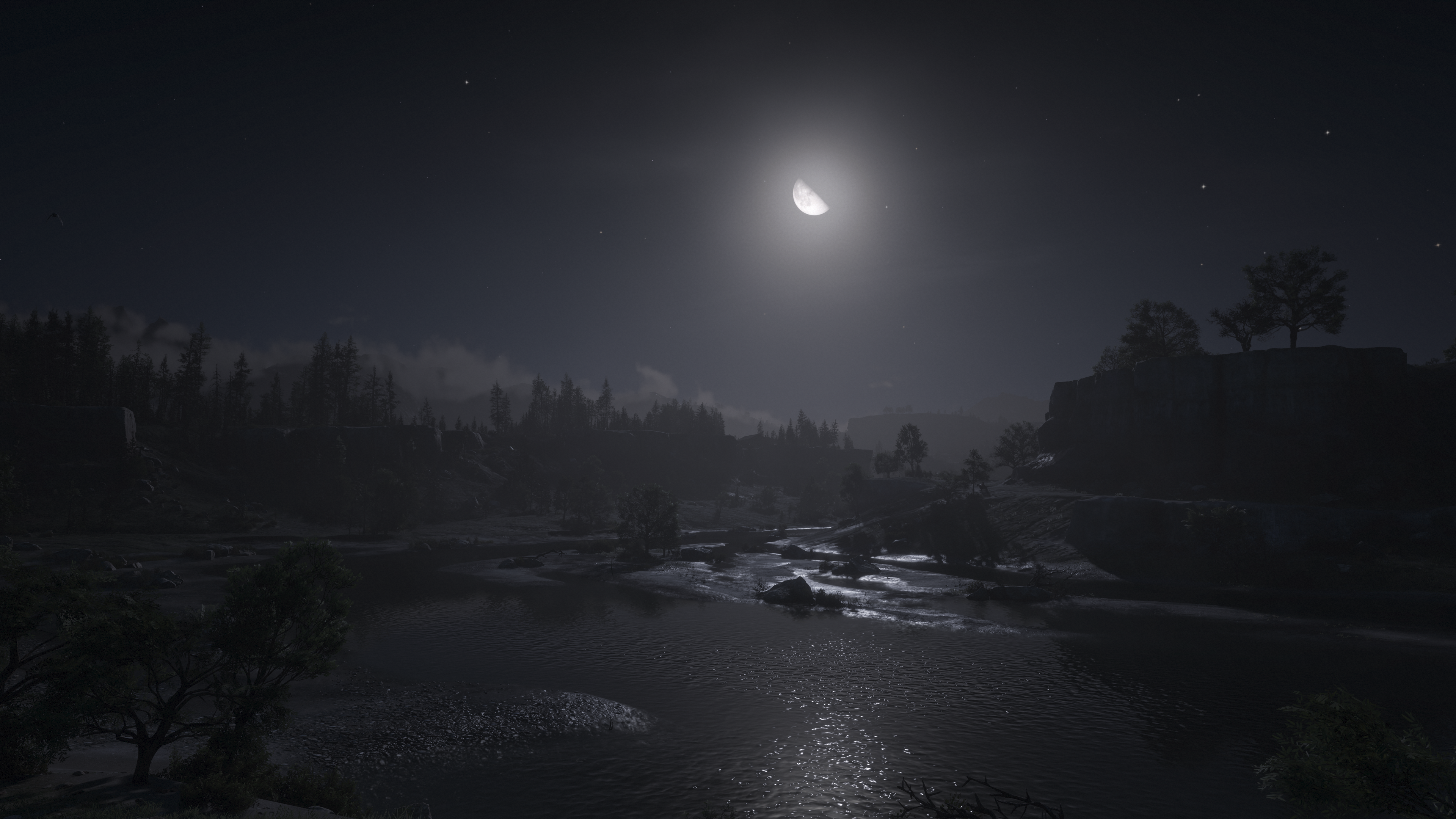 Red Dead Redemption 2 Landscape Night River Video Games CGi Water Trees Sky Stars Moon Moonlight Clo 3840x2160