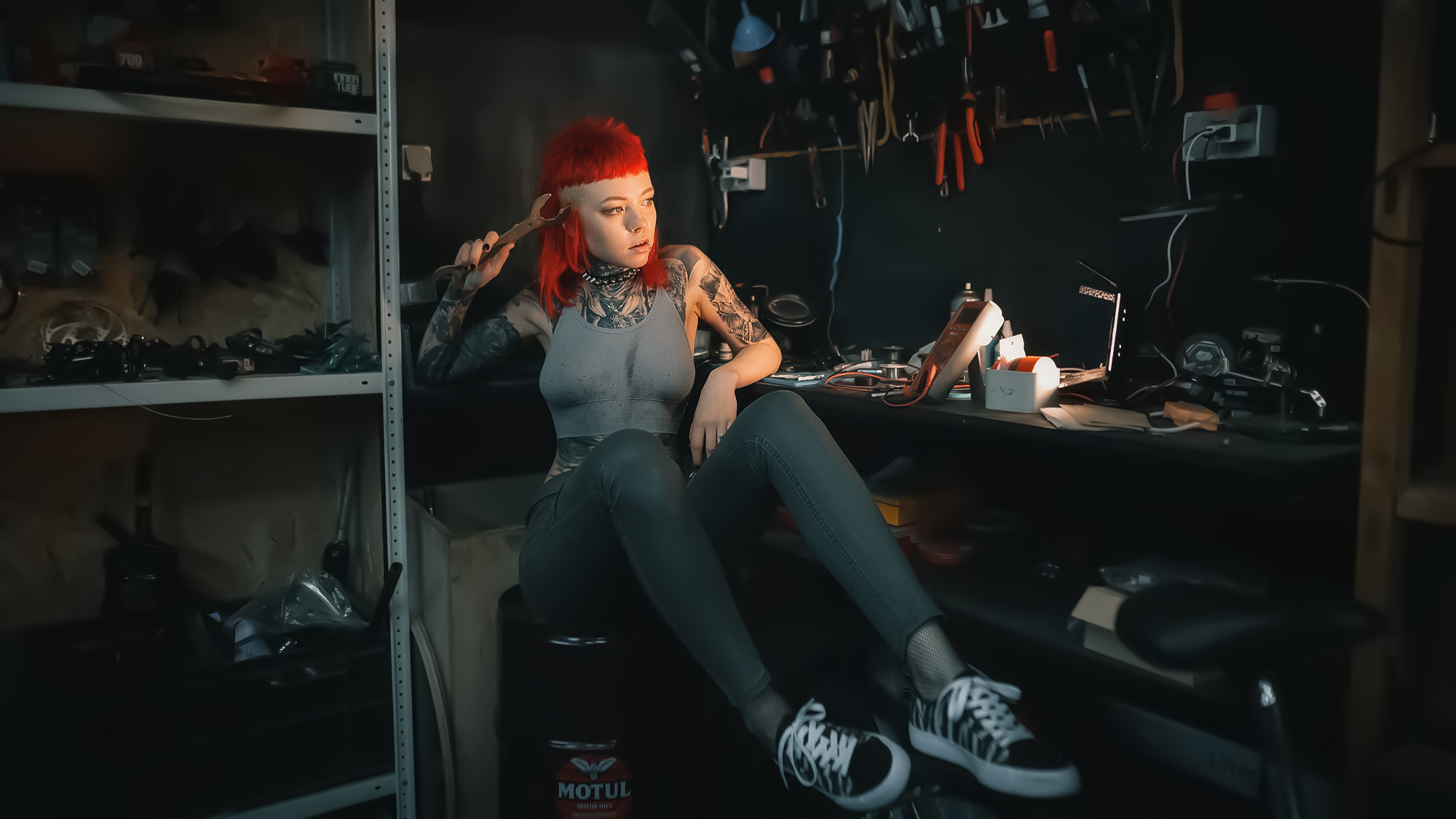 Andrew Vasiliev Women Redhead Tattoo Wrench Garage 2000x1125