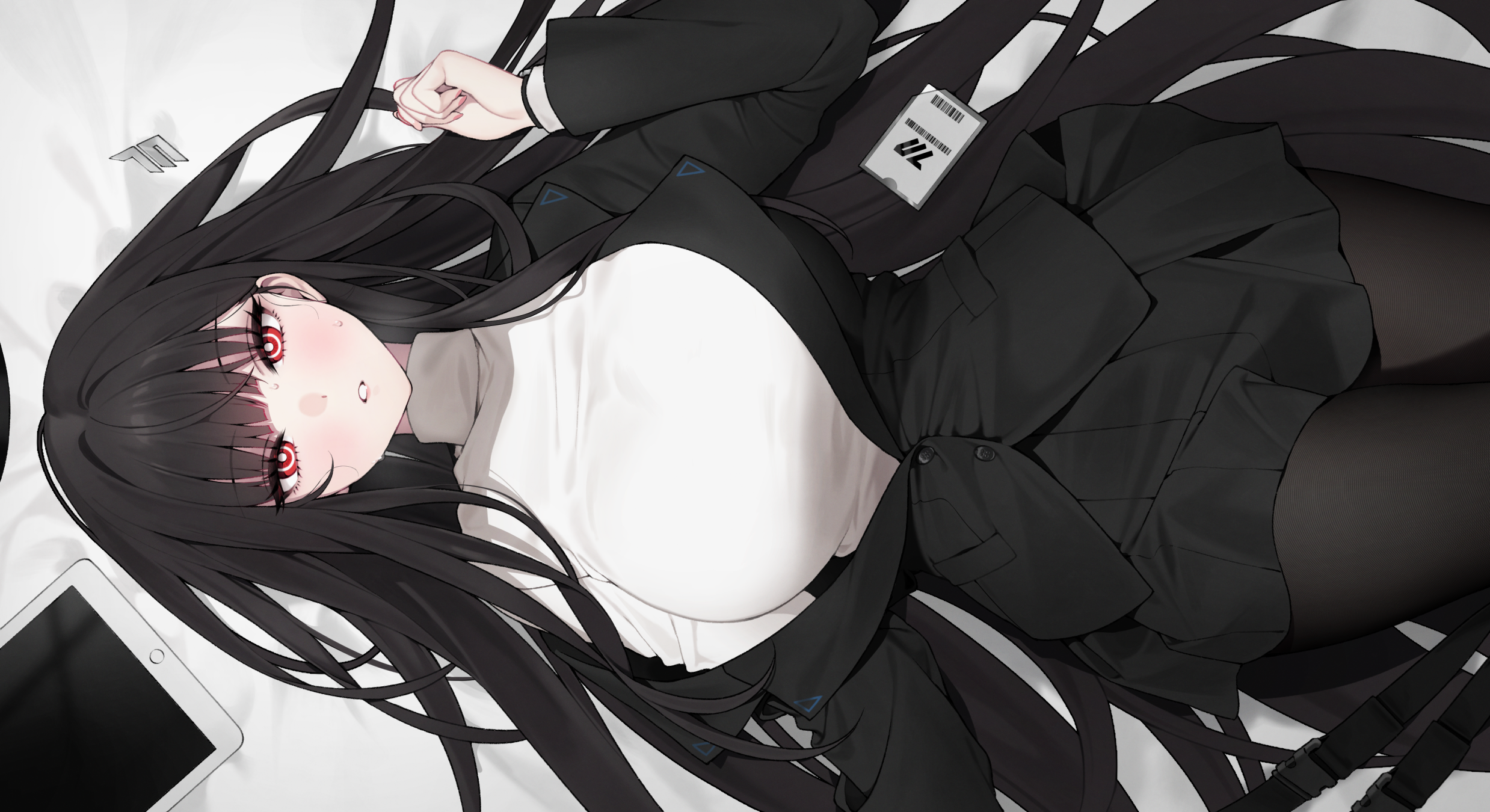 Anime Anime Girls Lying On Back Long Hair Looking At Viewer Tablet Black Hair 2477x1350