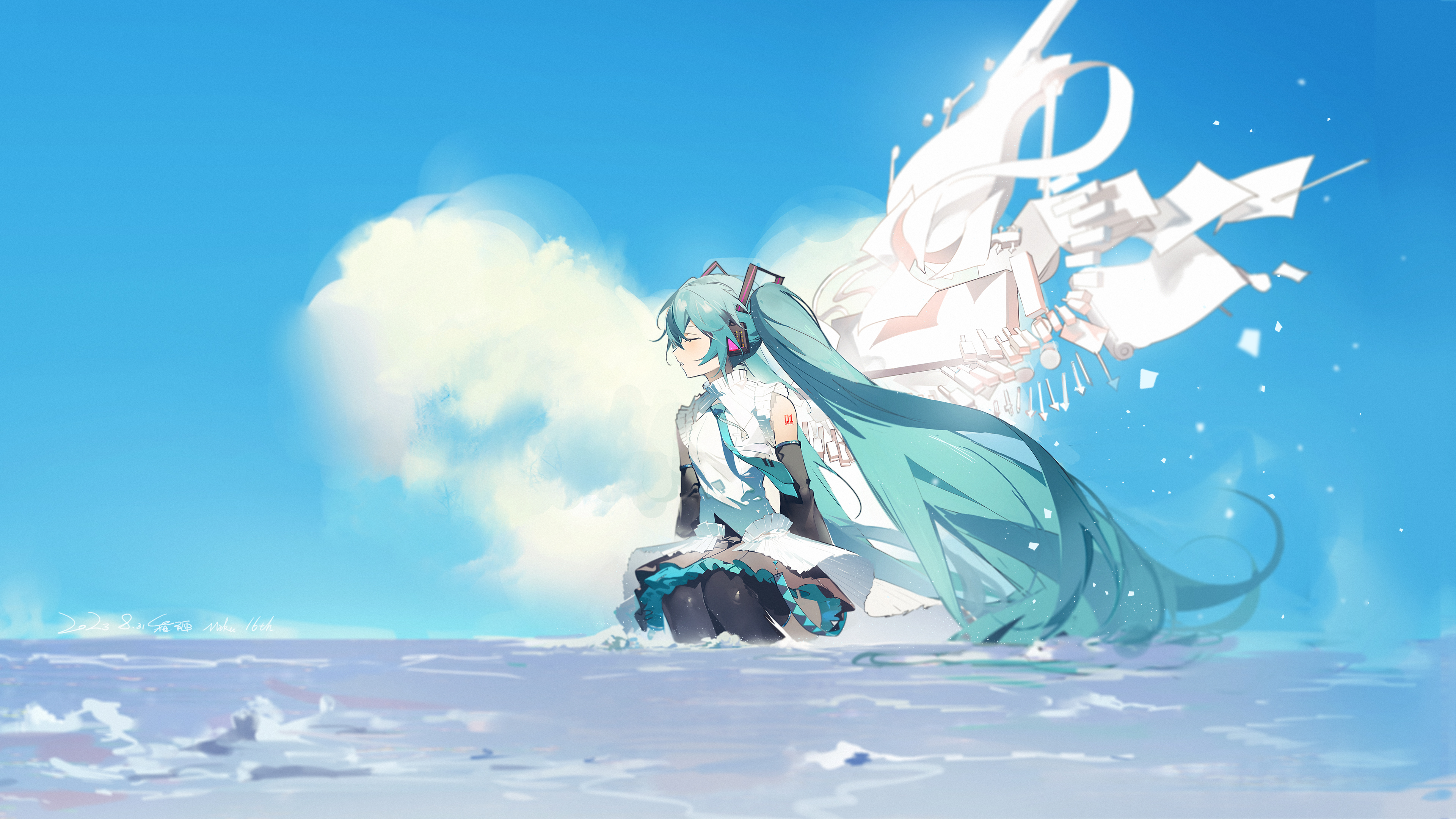 Anime Anime Girls Hatsune Miku Vocaloid Long Hair Twintails Closed Eyes Blue Hair Bare Shoulders Ben 3840x2160