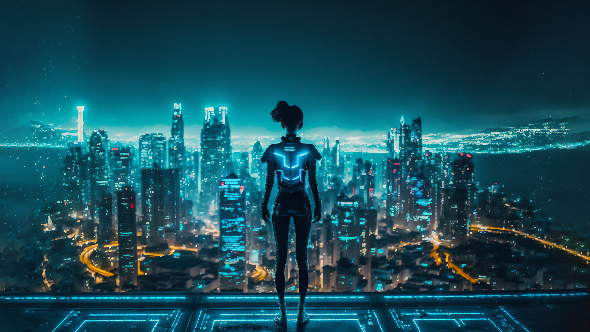 Ai Art Illustration Cyberpunk Women Rooftop City Night City Lights 1920x1080