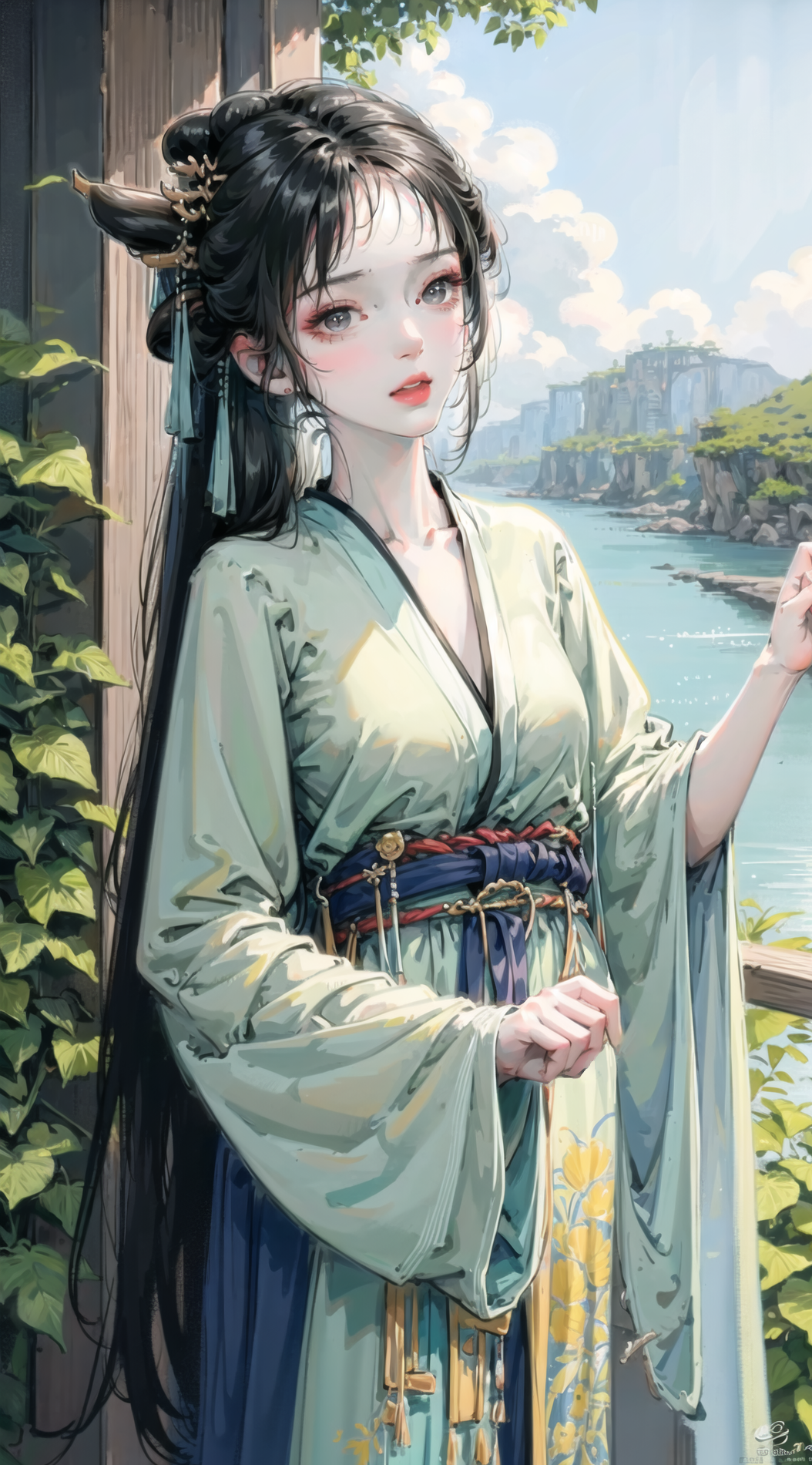 Portrait Illustration Fantasy Girl China Gufen Vertical Kimono Leaves Water Long Hair Looking At Vie 1054x1901