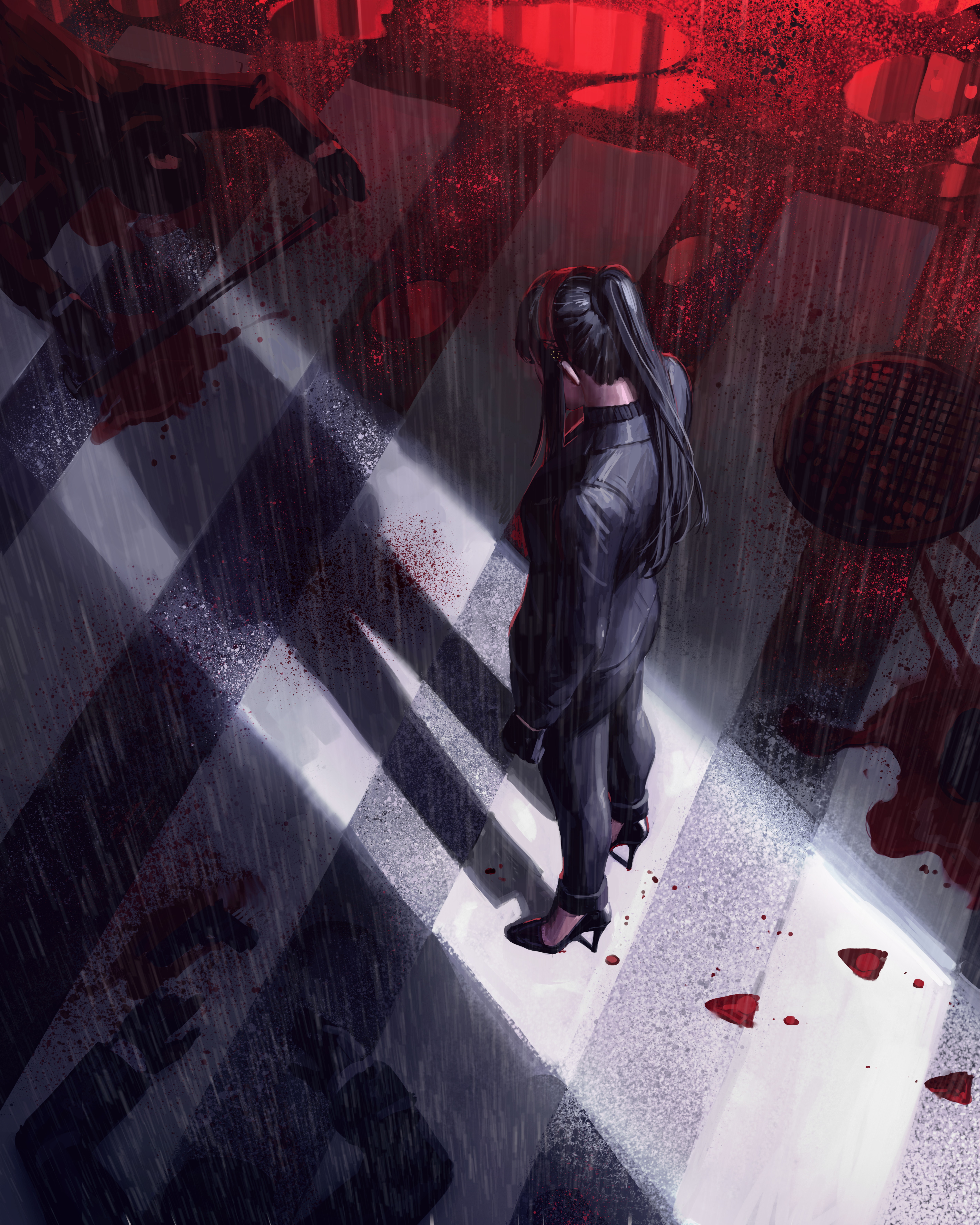 GUWEiZ Original Characters Concept Art 2D Artwork Drawing Rain Standing Street Women Ponytail Suits  5000x6250