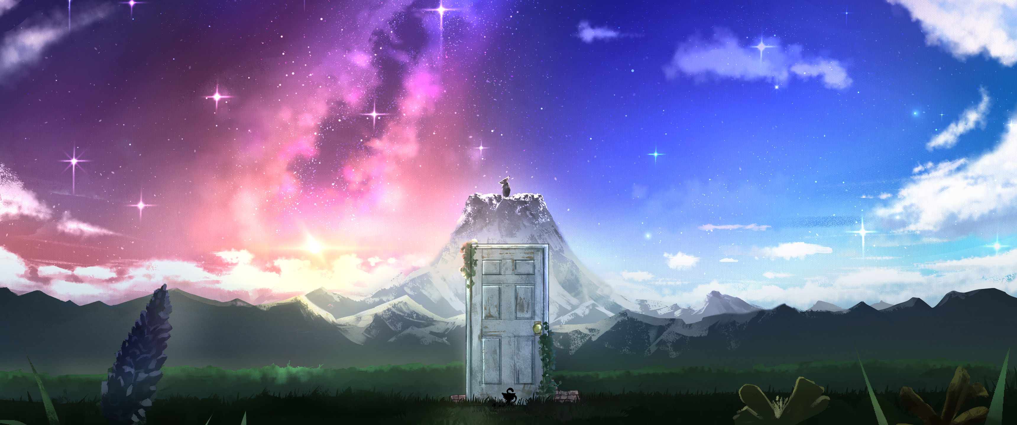 Suzume Sky Stars Suzume No Tojimari Anime Digital Art Mountains Clouds Snow Door Leaves 3440x1440
