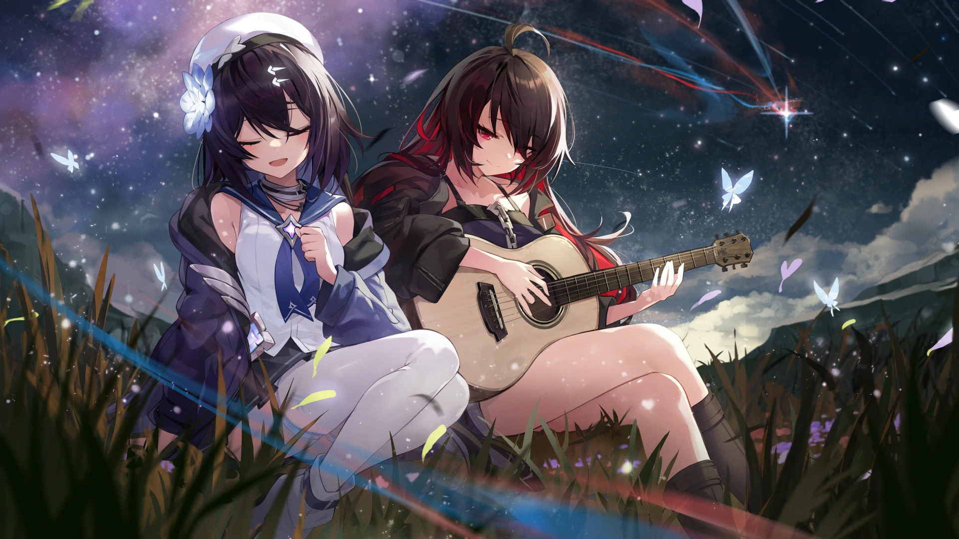 Honkai Impact Seele Legs Crossed Butterfly Guitar Musical Instrument Starry Night Clouds Grass Close 1920x1080
