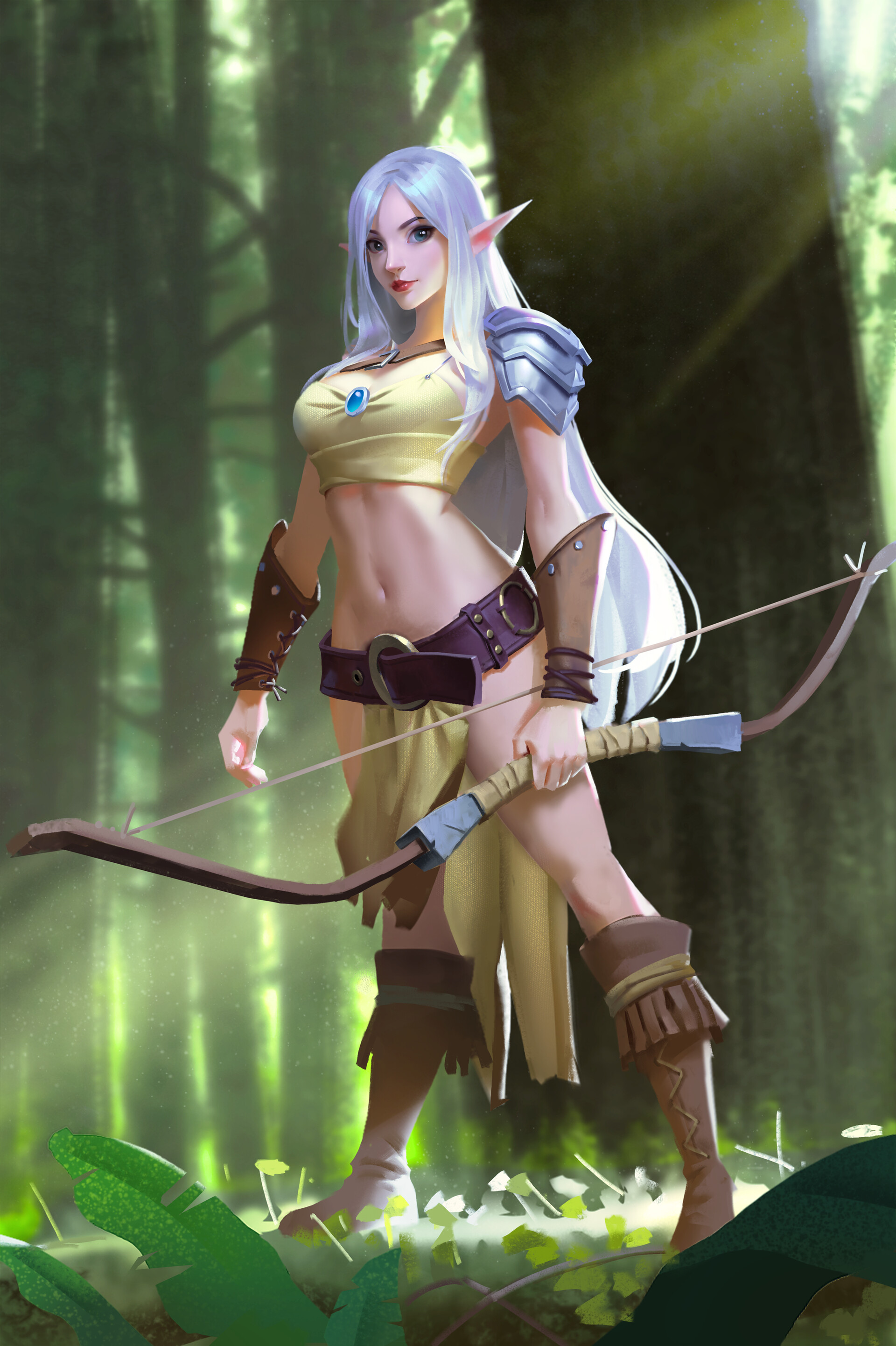 Artwork Fantasy Art Women Standing Fantasy Girl Bow Long Hair Pointy Ears Forest Trees Looking At Vi 1920x2883