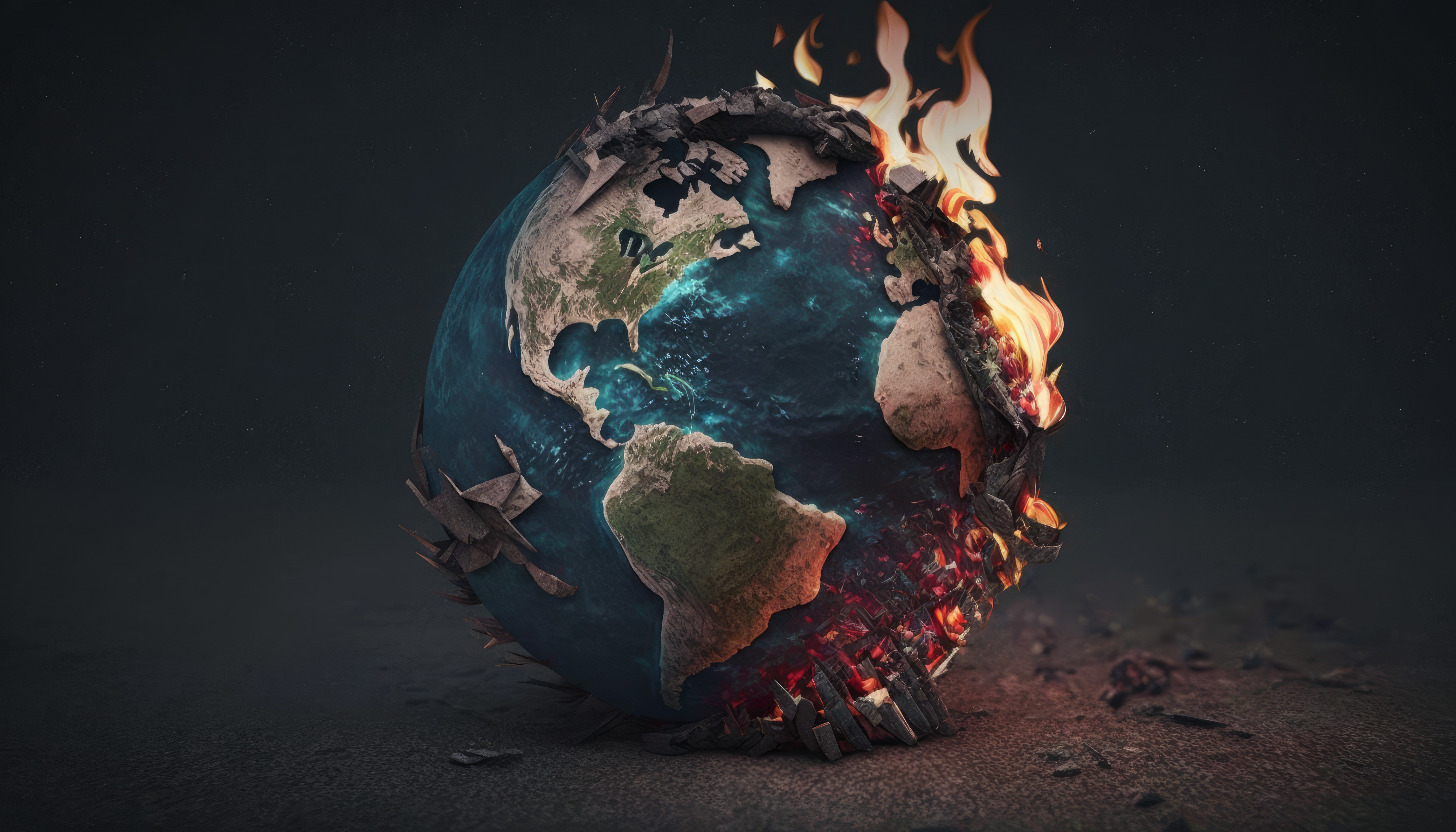 Ai Art Illustration Earth Burning Fire Global Warming Minimalism Simple Background 4579x2616