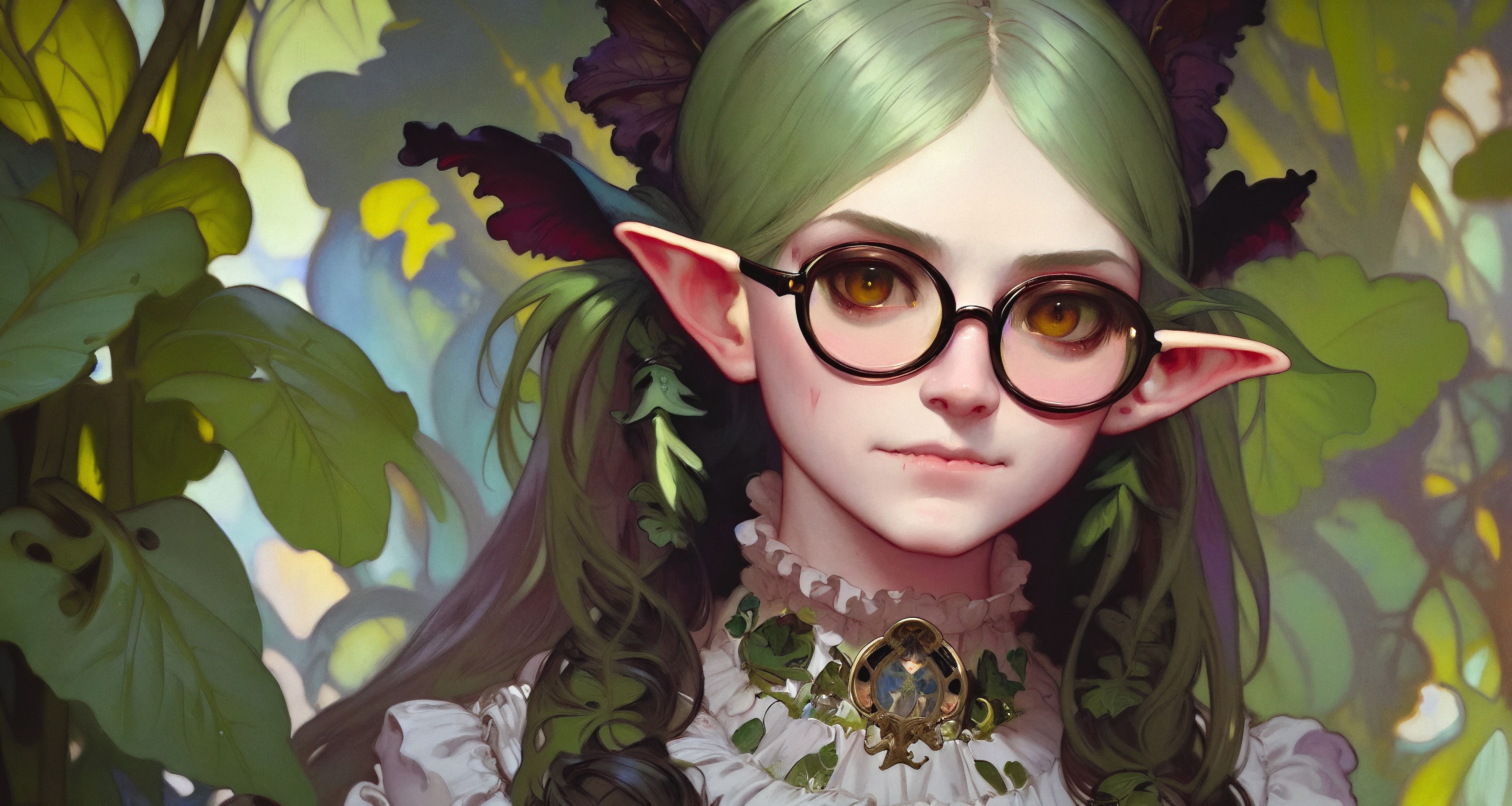 Ai Generated Ai Art Women Pointy Ears Green Hair Yellow Eyes Glasses Frills Leaves Face Stable Diffu 4050x2160