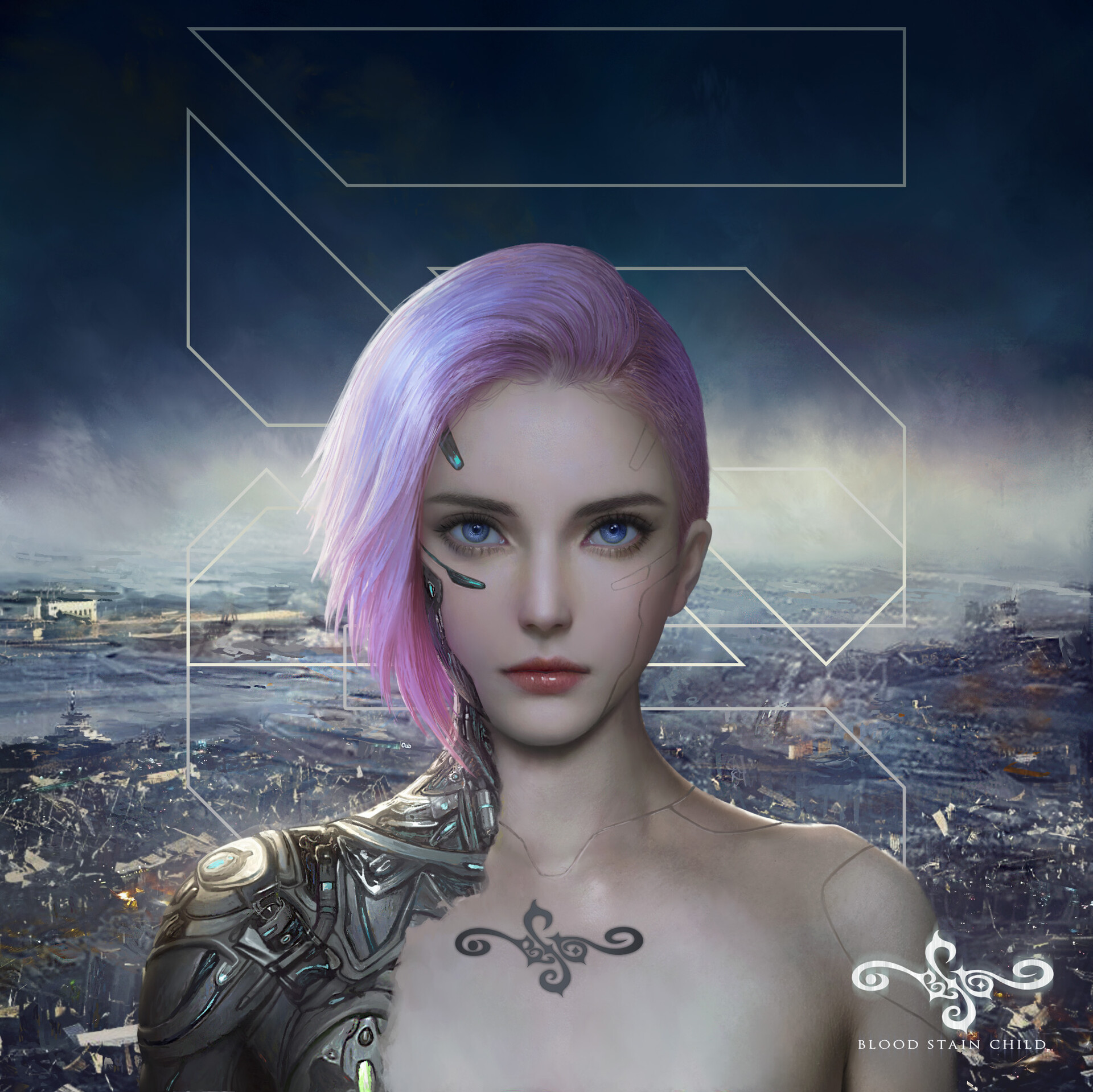 Mario Wibisono Drawing Women Pink Hair Short Hair Blue Eyes Cyborg Cyberpunk Sky Portrait Science Fi 1920x1919