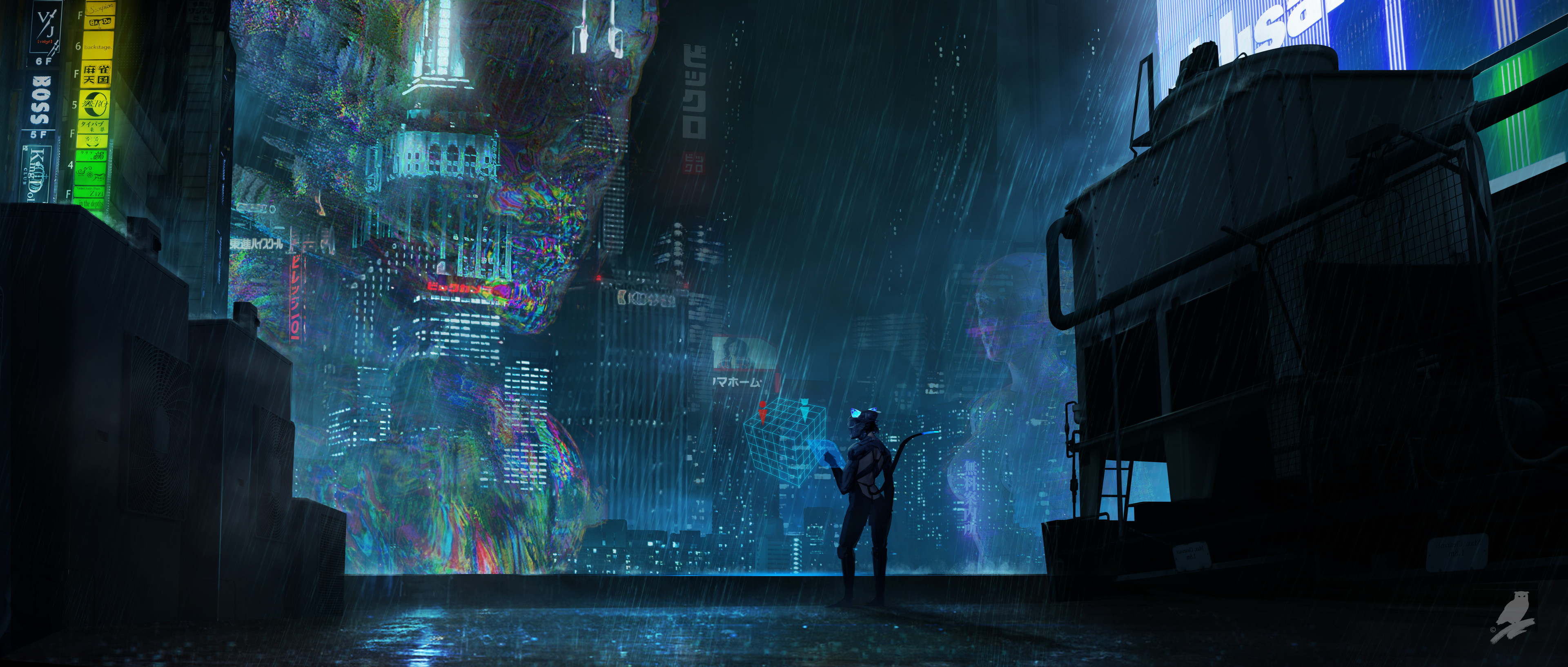 Strigiformes Cyberpunk Dystopian Futuristic City Digital Art Artwork 3840x1635