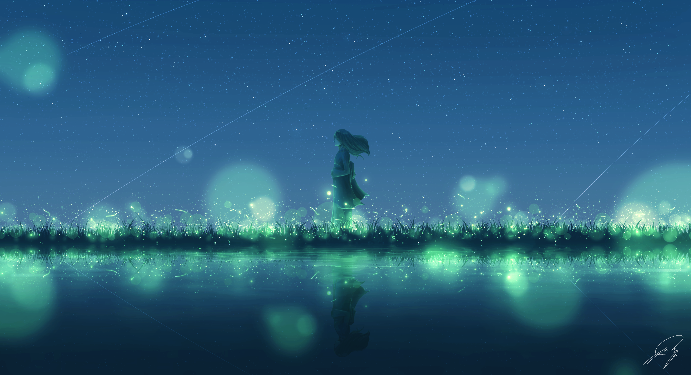 Nengoro Digital Art Artwork Illustration Reflection Sky Night Stars Fireflies Simple Background Mini 2360x1280