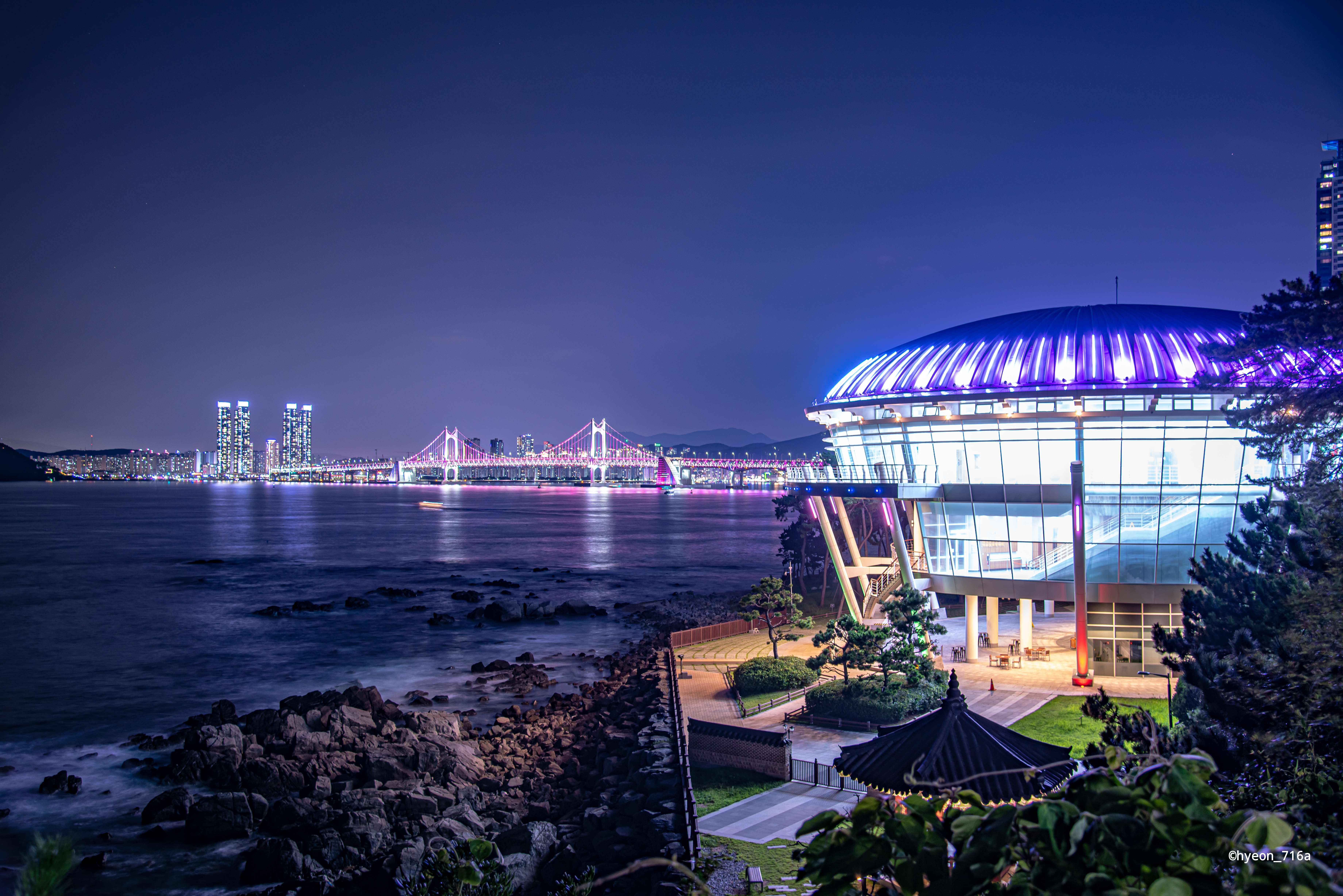 Busan Night Building Architecture Photography Bridge South Korea Water Lights 7360x4912