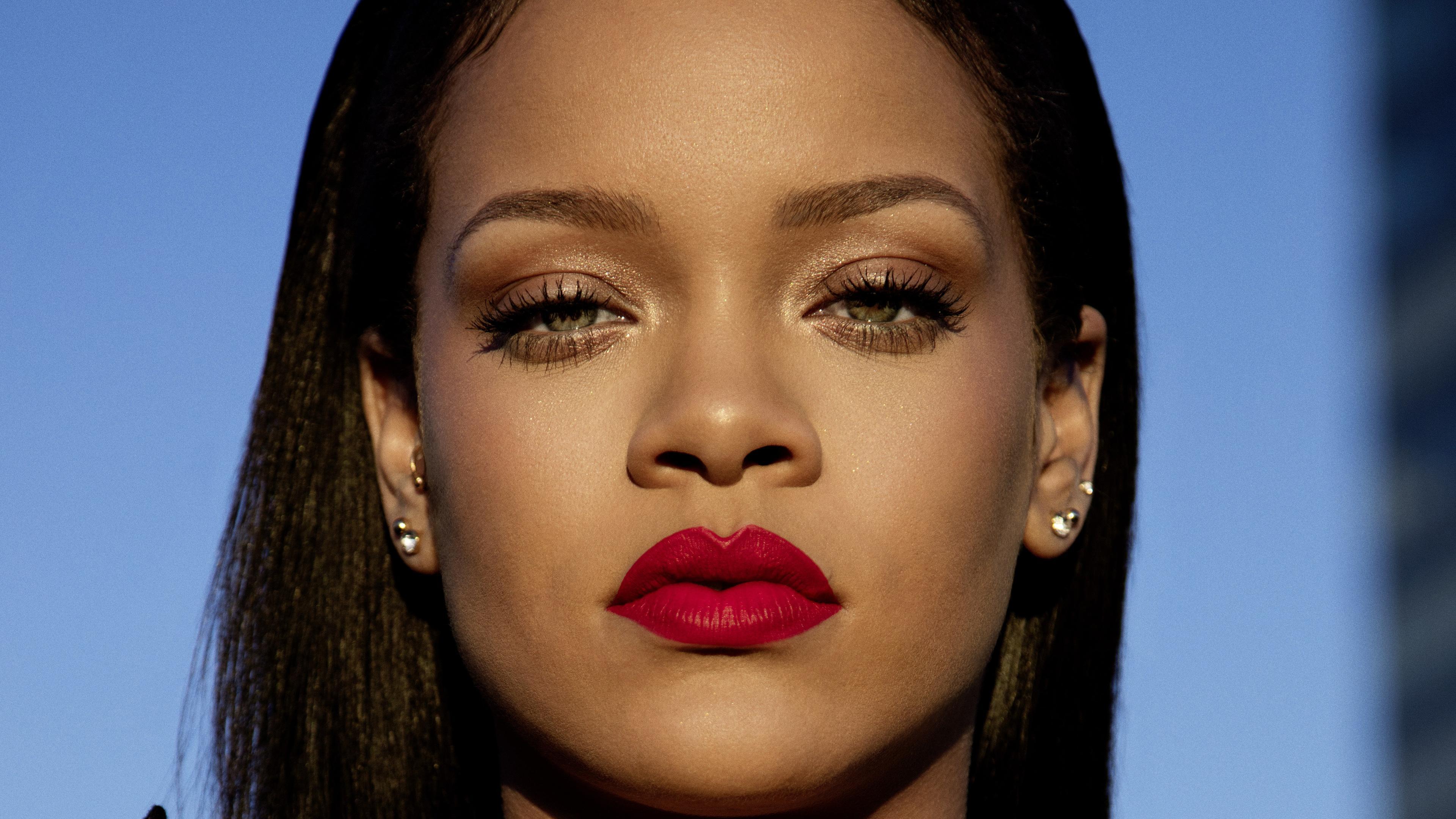 Rihanna Singer Face Brunette Green Eyes Red Lipstick Earring Women 3840x2160
