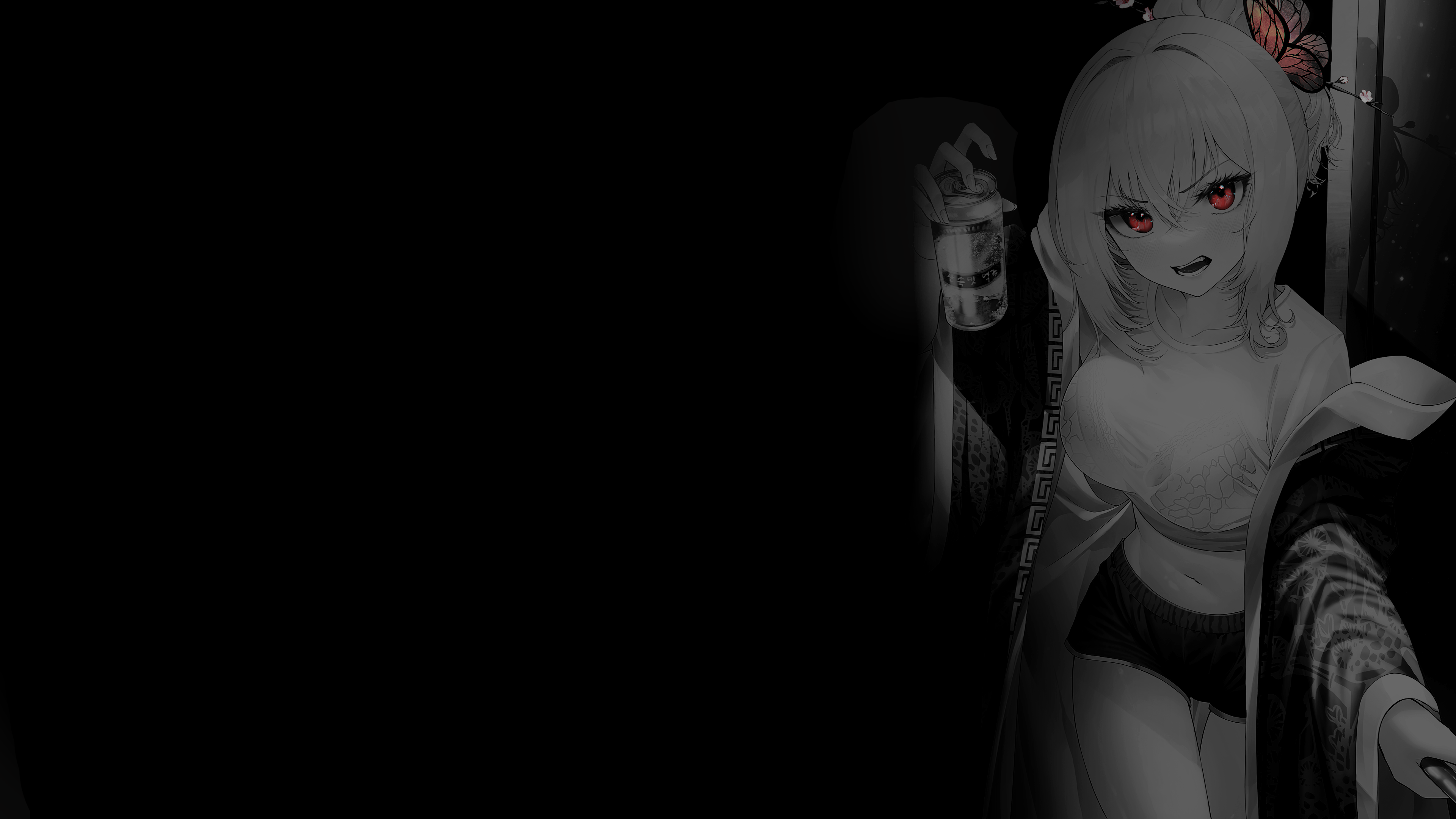 Selective Coloring Black Background Dark Background Simple Background Anime Girls Red Eyes Drink