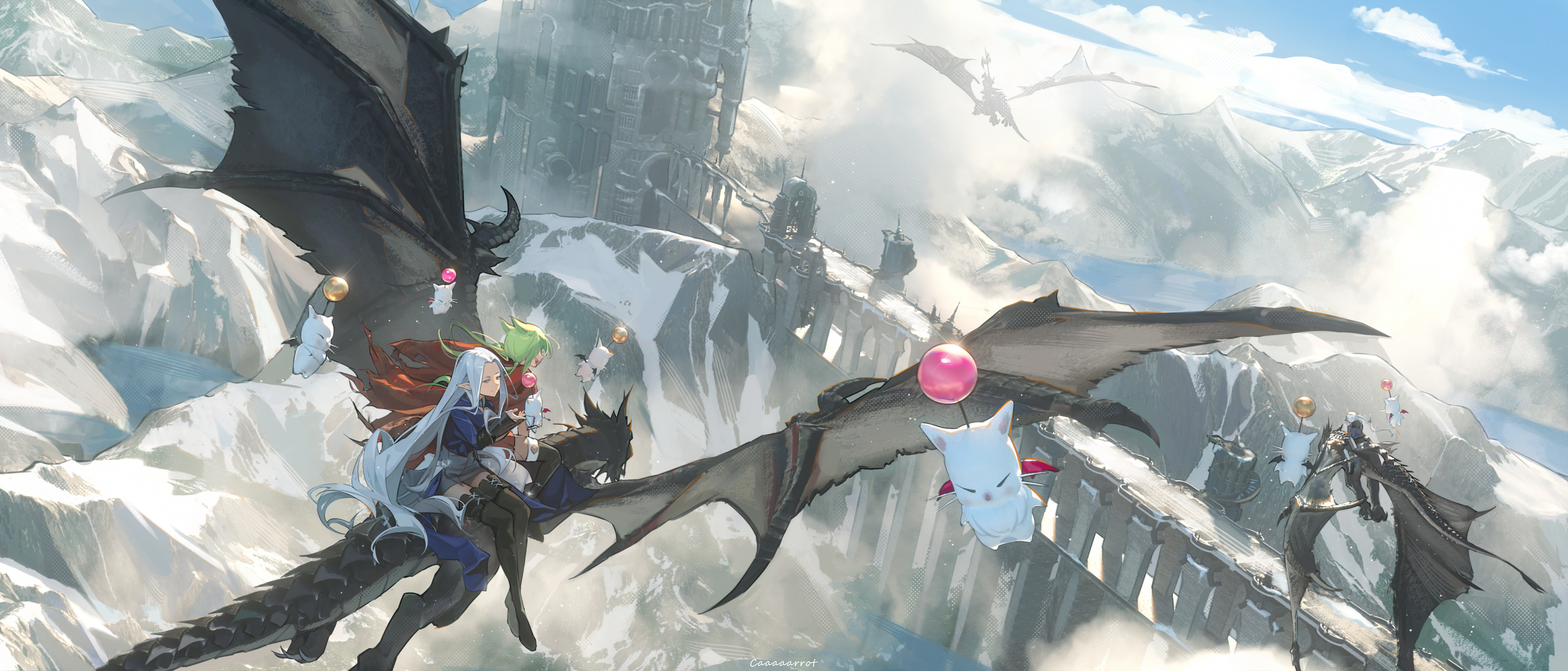 Dragon Clouds Final Fantasy XiV Heavensward Moogle Flying Video Game Characters Video Game Girls Fin 4000x1713