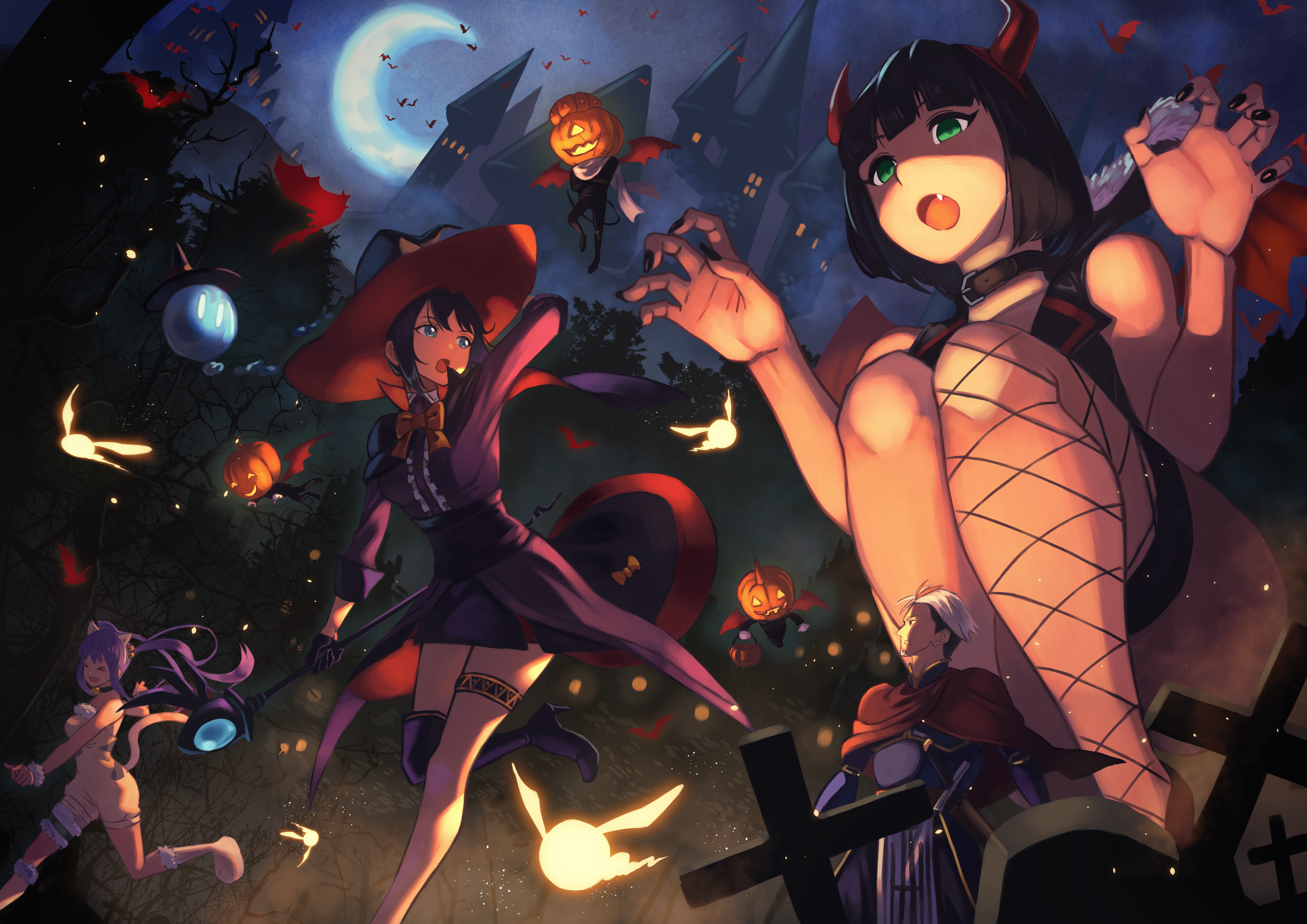 Halloween Halloween Costume Pumpkin Anime Girls Horns Moon Bats 4093x2894