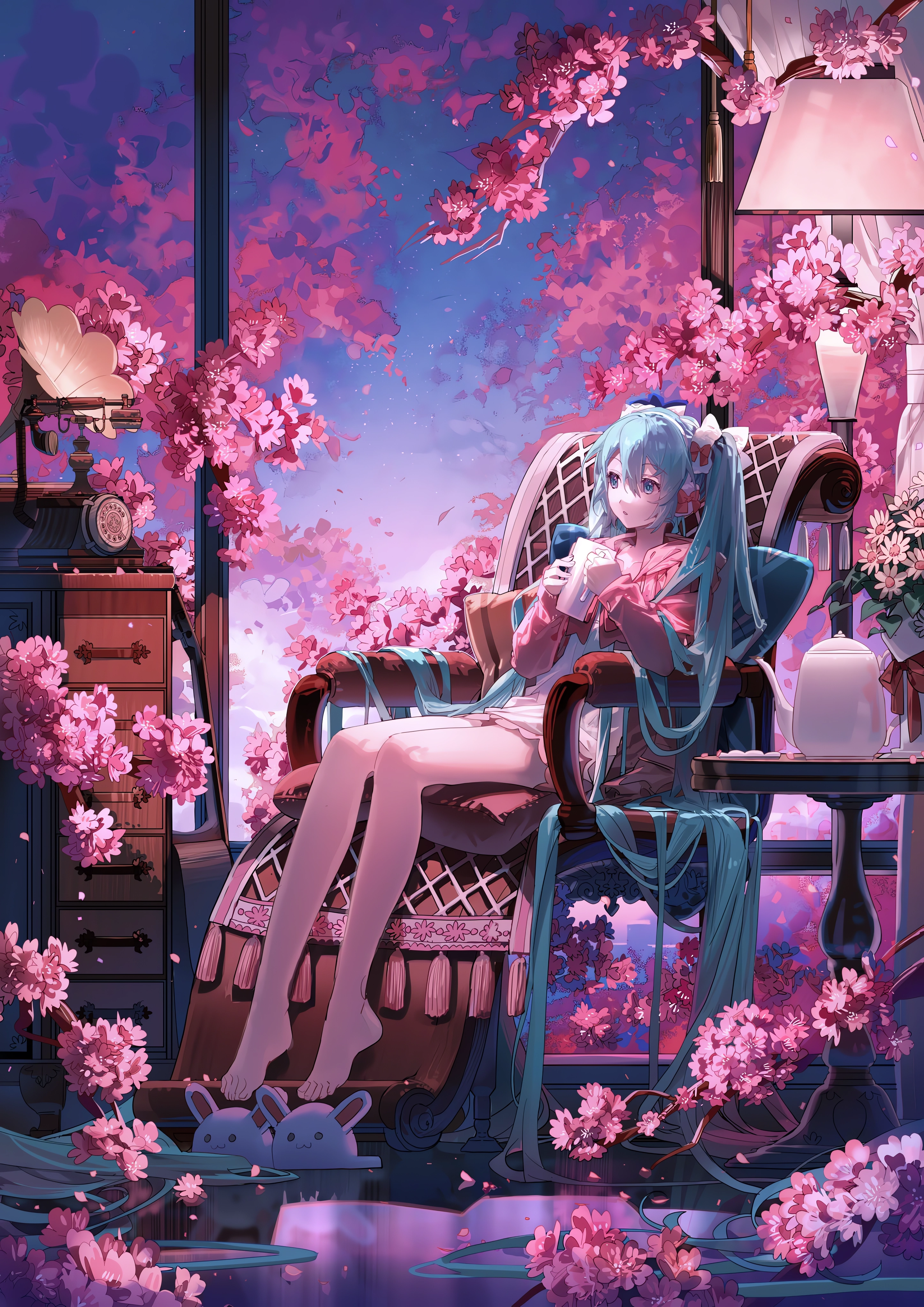 Anime Anime Girls Gramophone Vocaloid Hatsune Miku Sitting Sky Clouds Flowers Petals Twintails Cyan  2894x4092