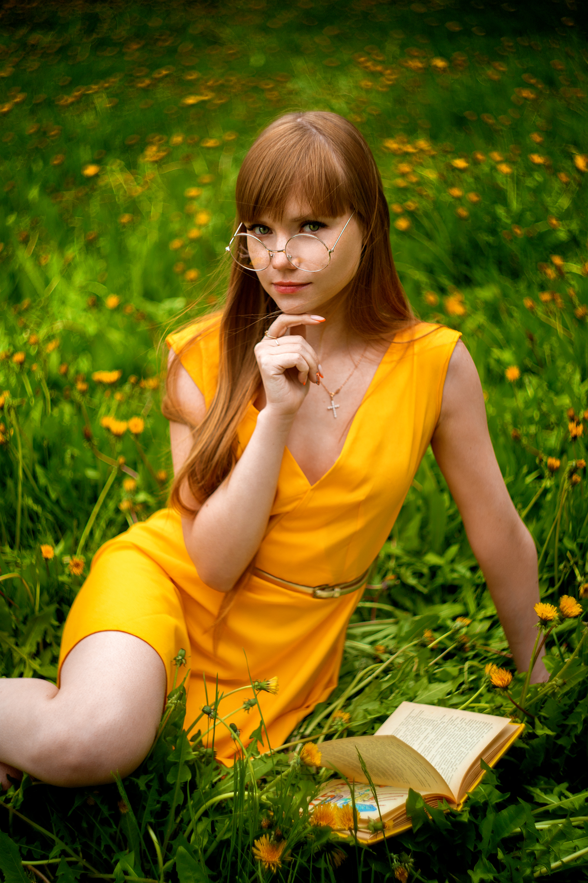 Aleksey Lozgachev Women Redhead Long Hair Bangs Glasses Looking At Viewer Dress Yellow Clothing Neck 1200x1800