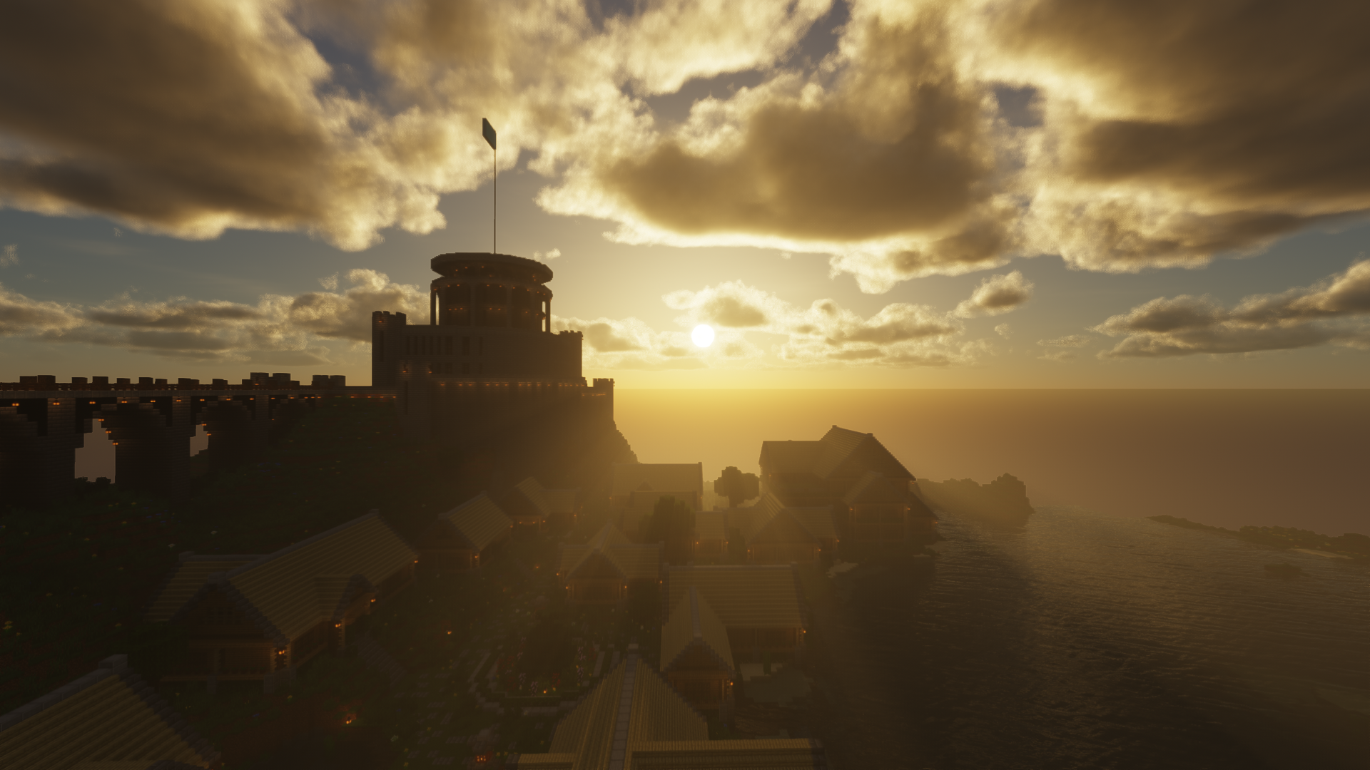 Minecraft Building Video Games Shaders Sun Rays CGi Sky Clouds Castle 1920x1080