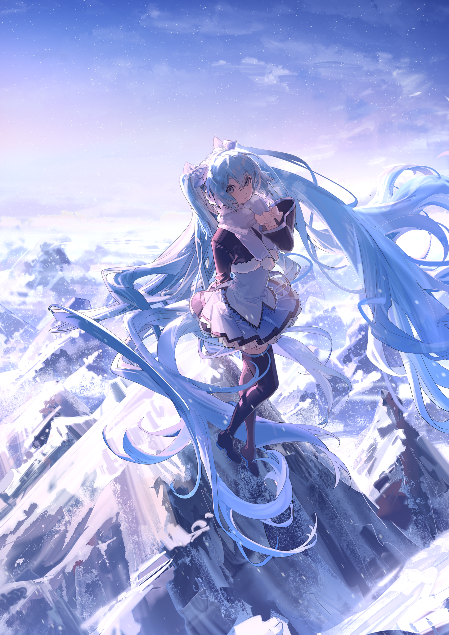 Anime Pixiv Anime Girls Dress Long Hair Twintails Blue Hair Blue Eyes Looking At Viewer Sky Mountain 1447x2046