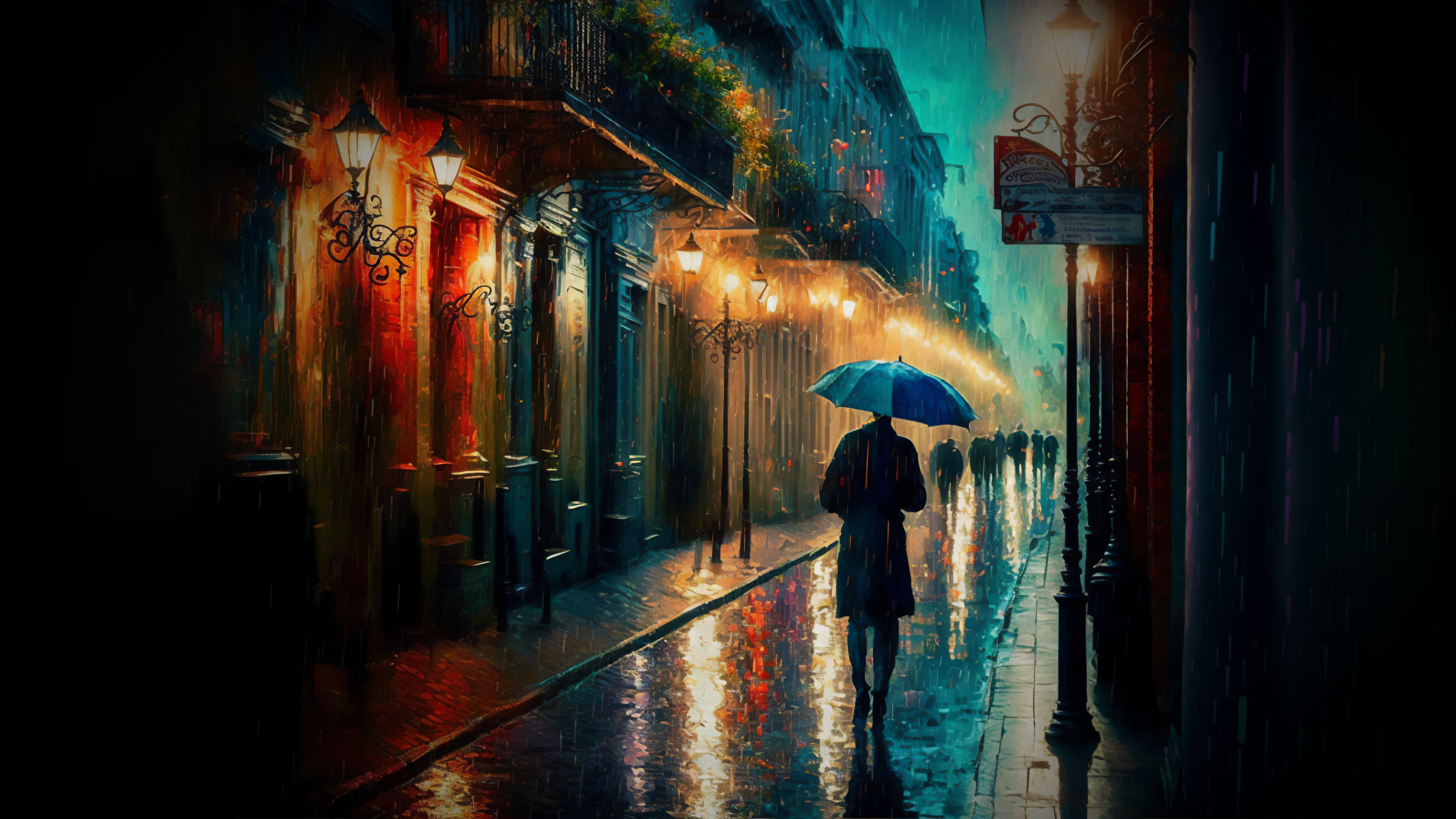 Ai Art Impressionism Rain Night Sadness Umbrella Street Men Street Light 3641x2048
