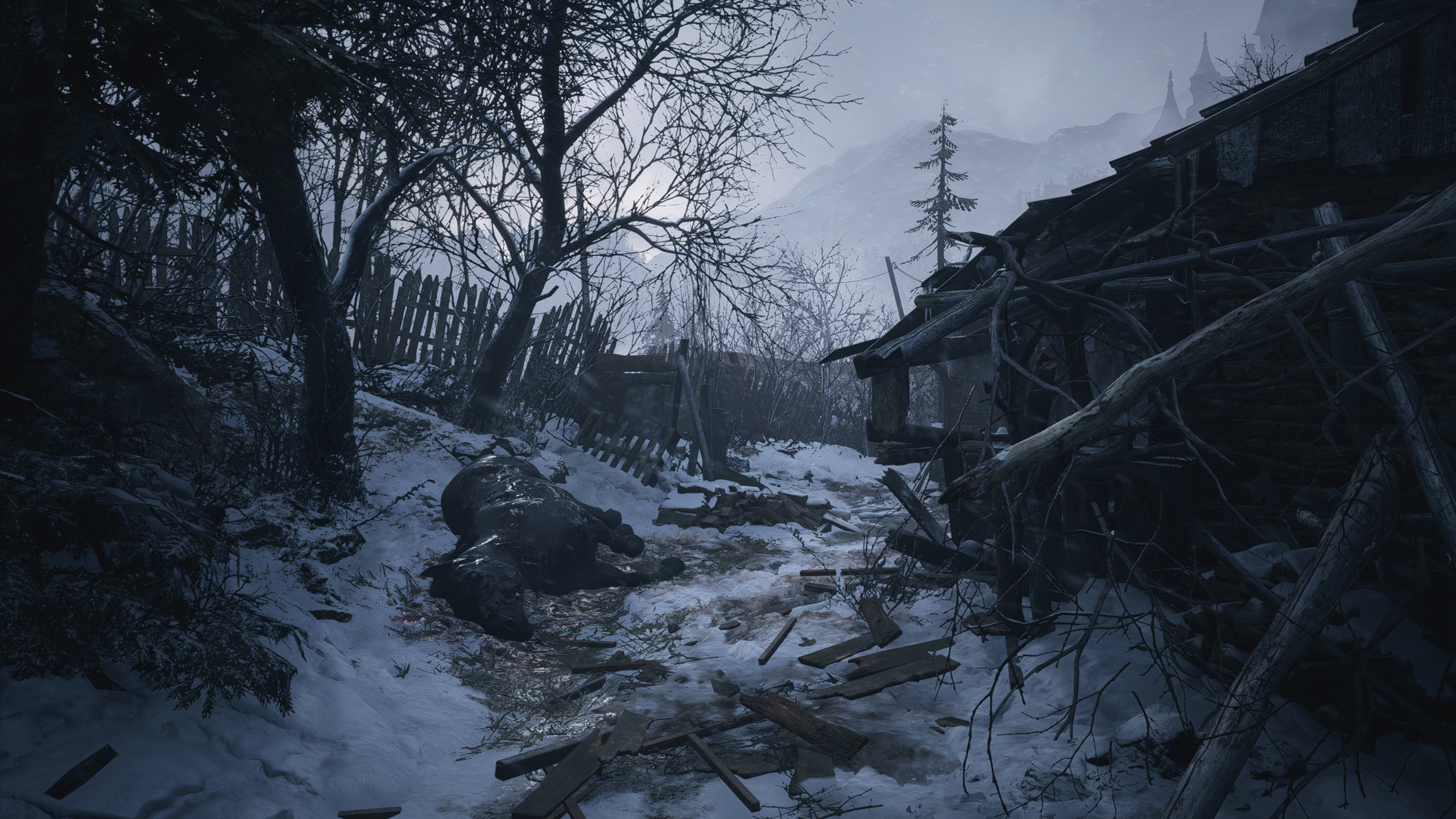 Resident Evil 8 Village Video Games CGi Hose Snow Trees 2560x1440