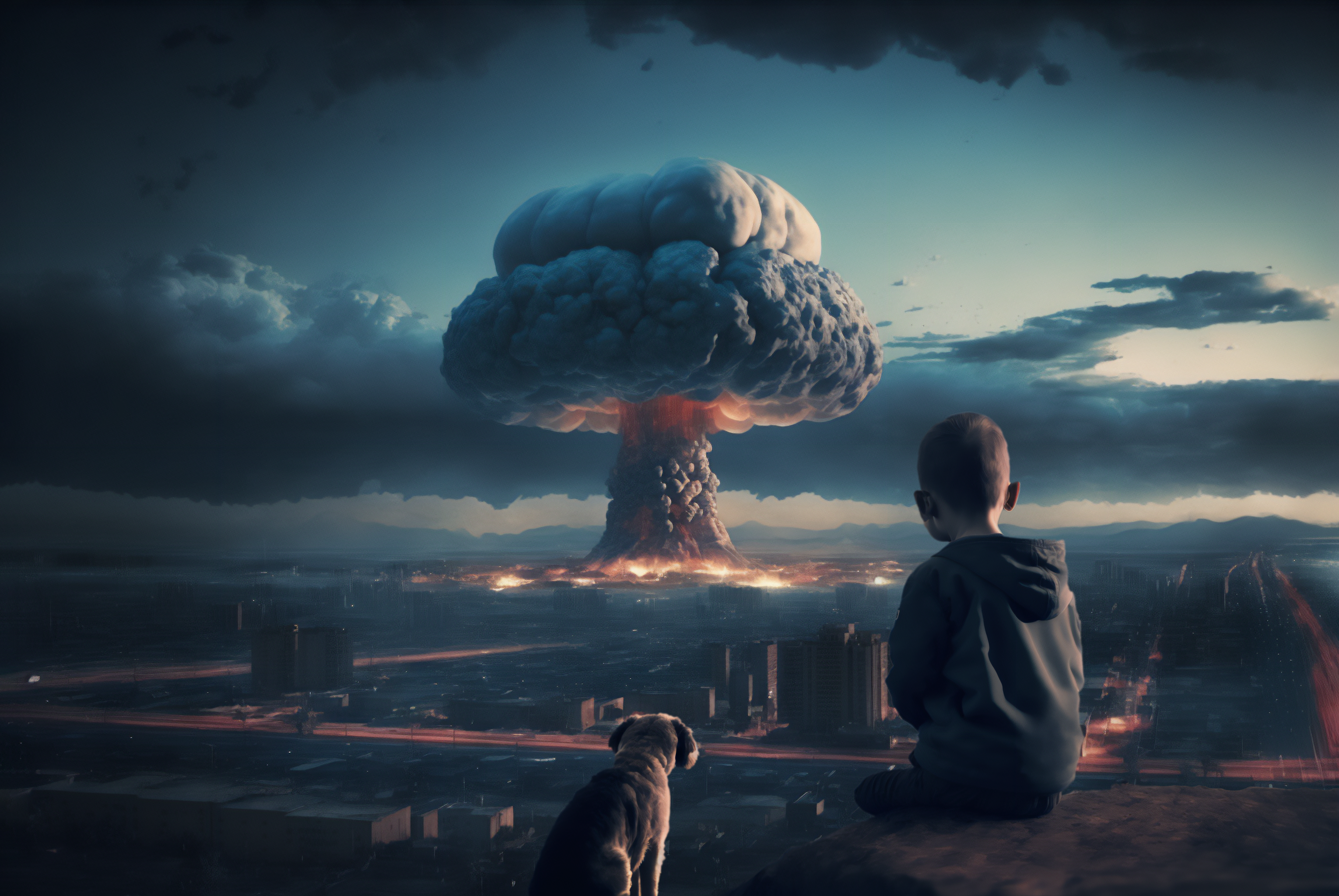 Mushroom Clouds Atomic Bomb City Children Dog 3060x2048